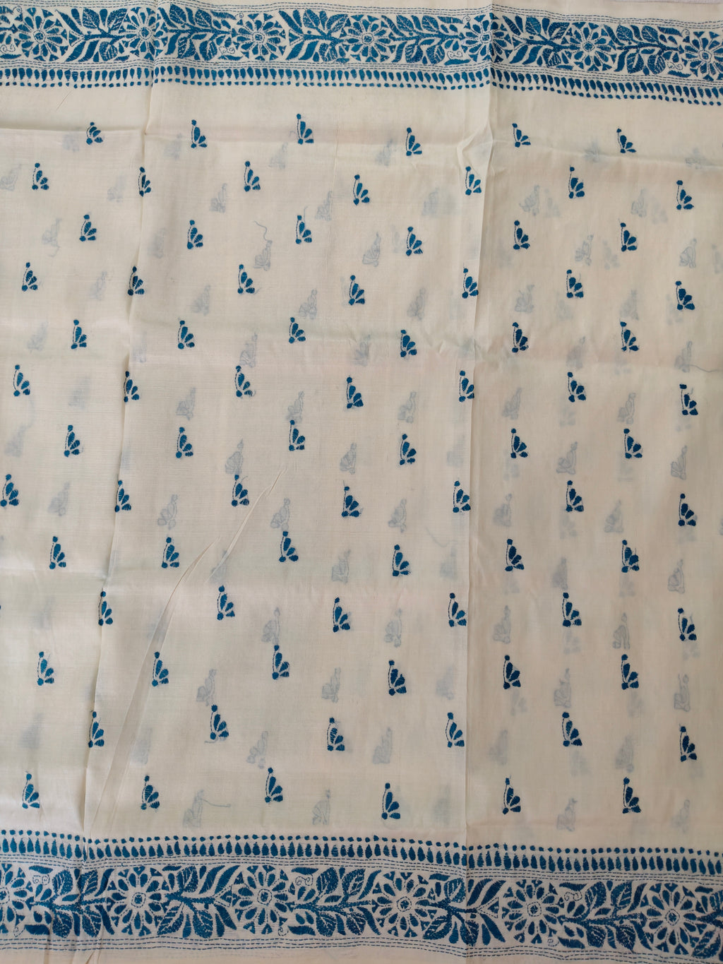 Pure Bengal Tussar Silk Kantha Booti Design Saree – Ivory White & Indigo Blue
