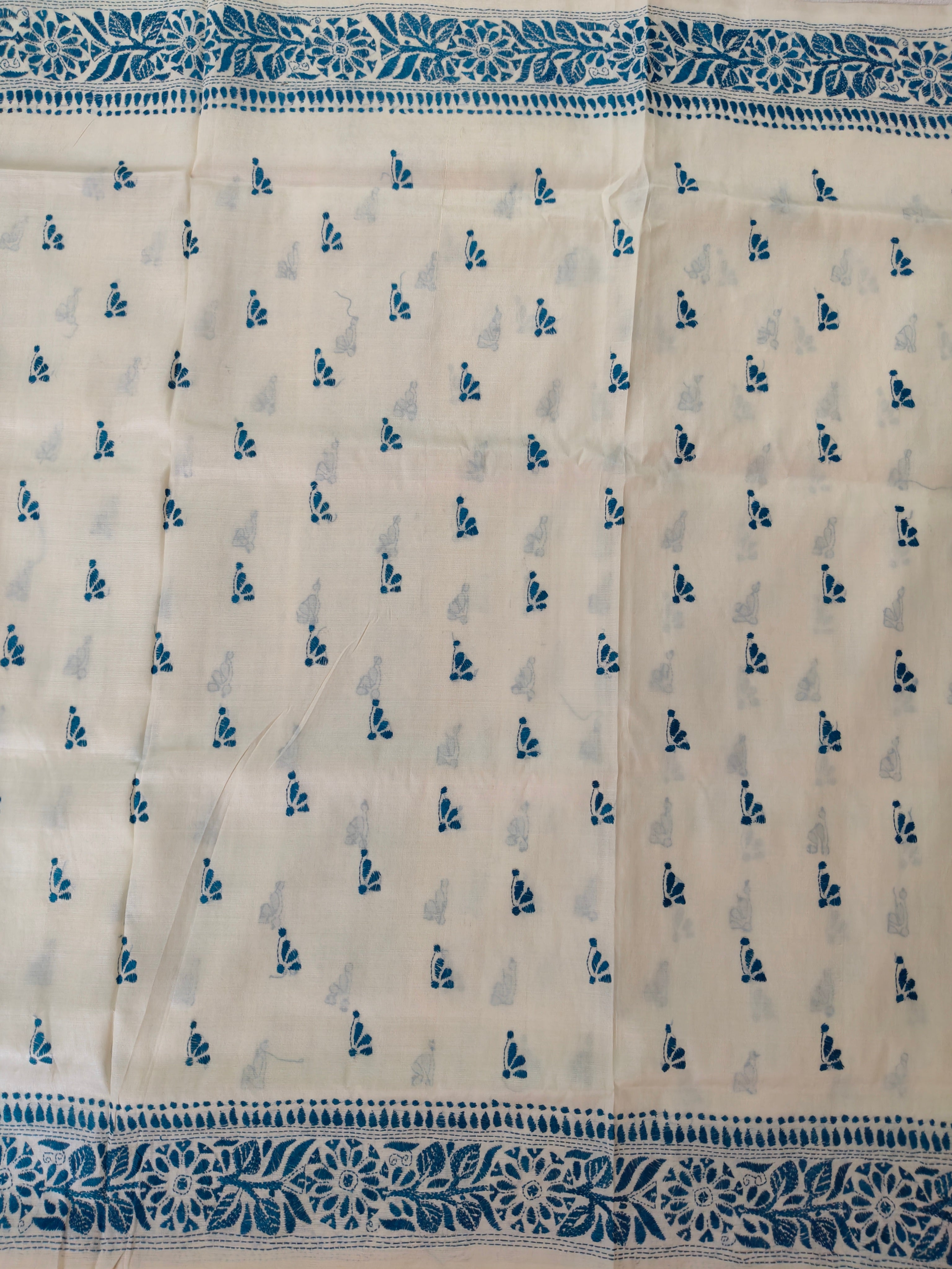 Pure Bengal Tussar Silk Kantha Booti Design Saree – Ivory White & Indigo Blue