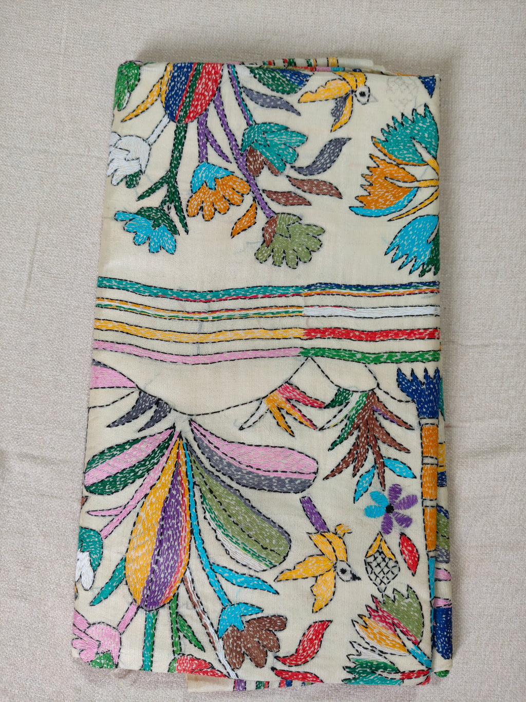 Pure Tussar Silk Saree with All-Over Hand Kantha Embroidery – Gram Bangla Collection