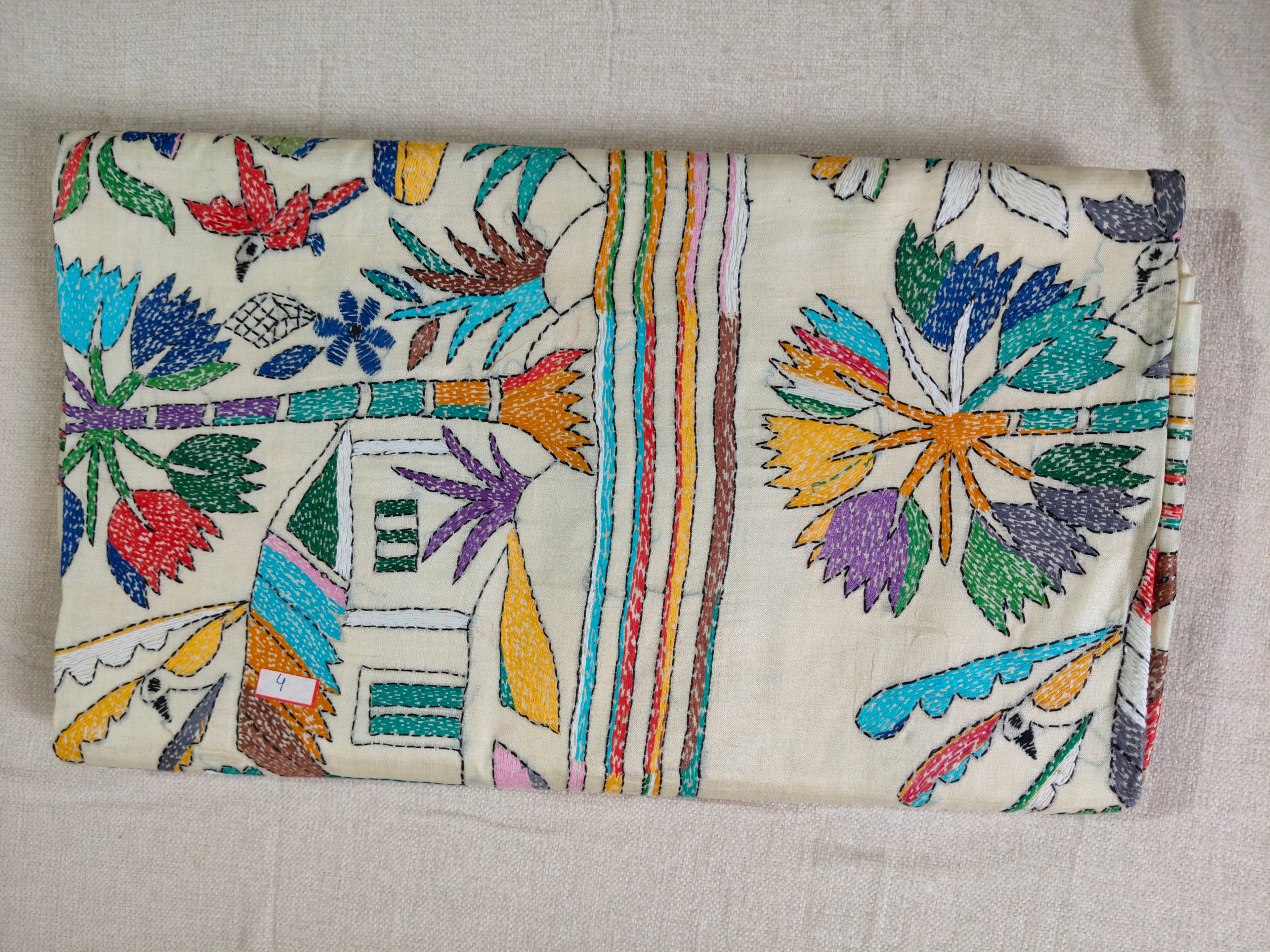 Pure Tussar Silk Saree with All-Over Hand Kantha Embroidery – Gram Bangla Collection