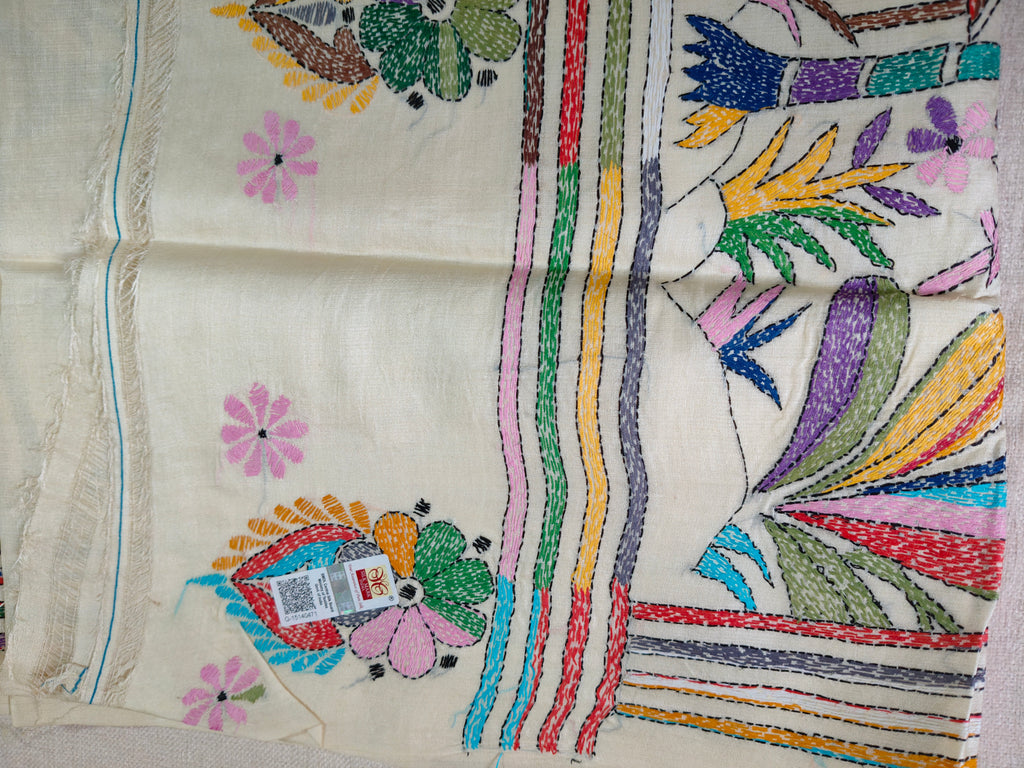 Pure Tussar Silk Saree with All-Over Hand Kantha Embroidery – Gram Bangla Collection