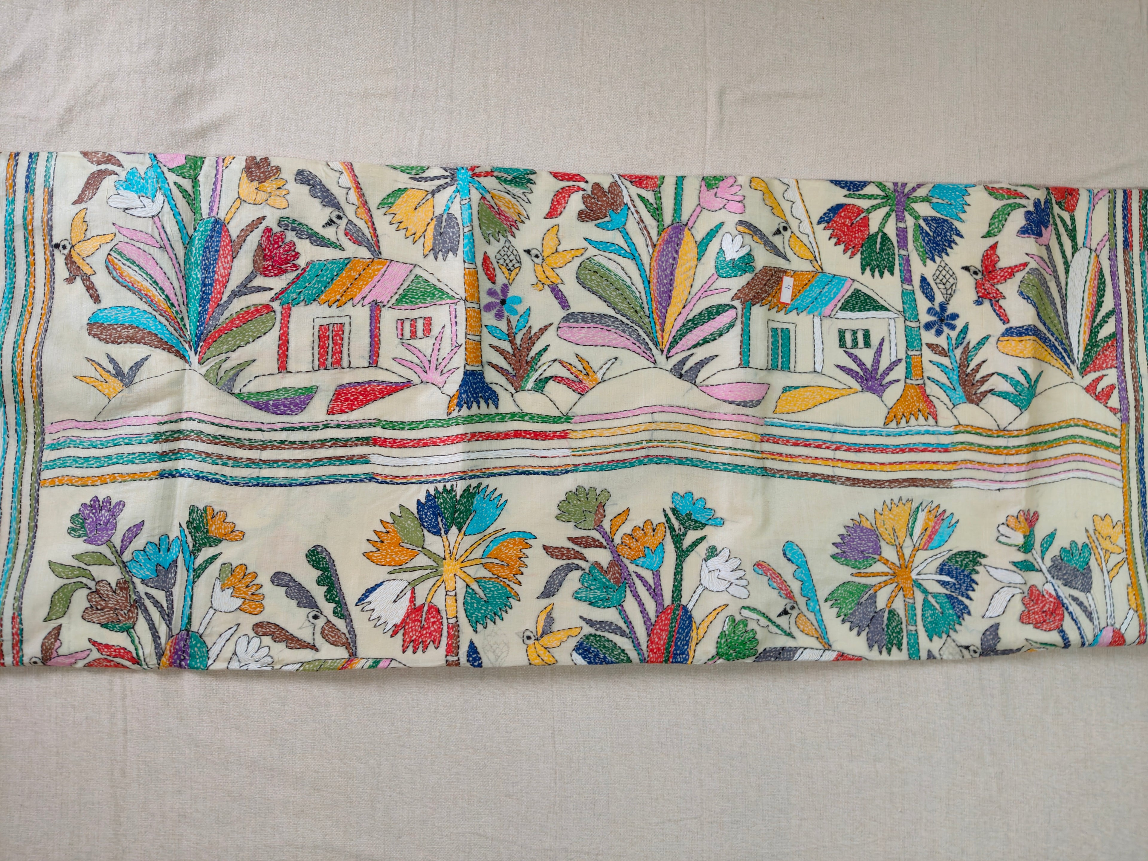Pure Tussar Silk Saree with All-Over Hand Kantha Embroidery – Gram Bangla Collection