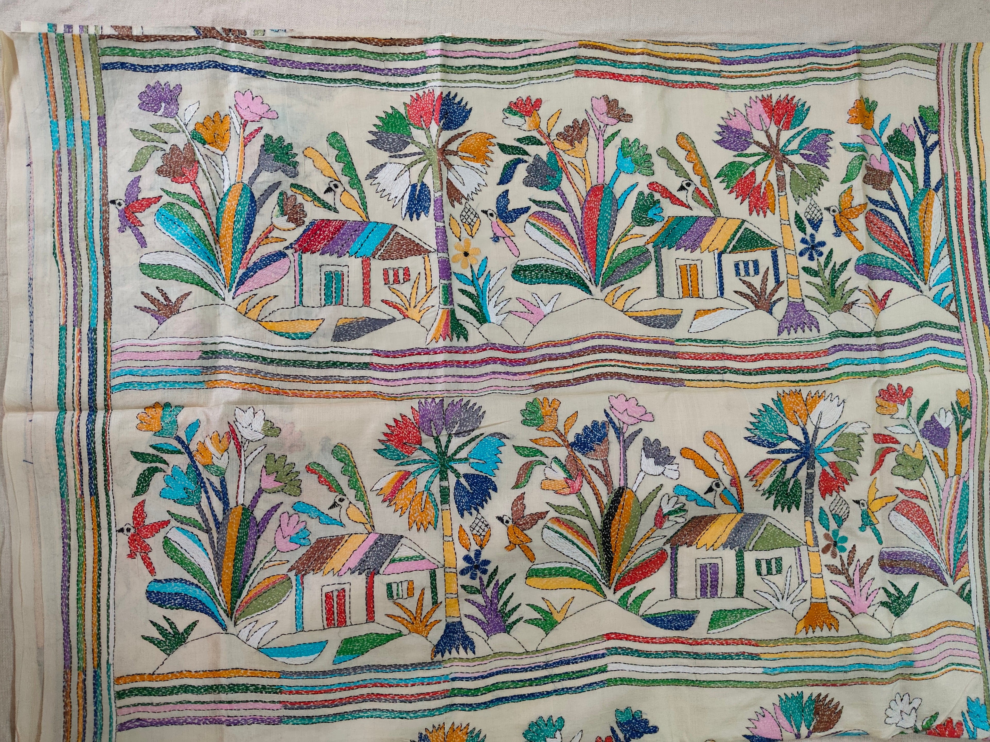 Pure Tussar Silk Saree with All-Over Hand Kantha Embroidery – Gram Bangla Collection