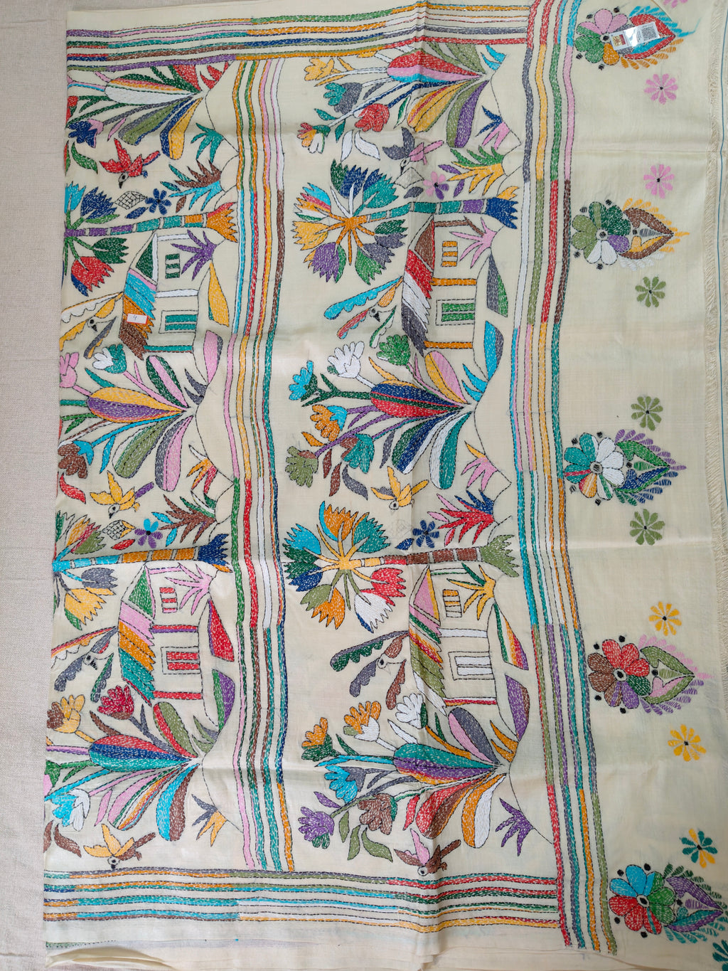 Pure Tussar Silk Saree with All-Over Hand Kantha Embroidery – Gram Bangla Collection
