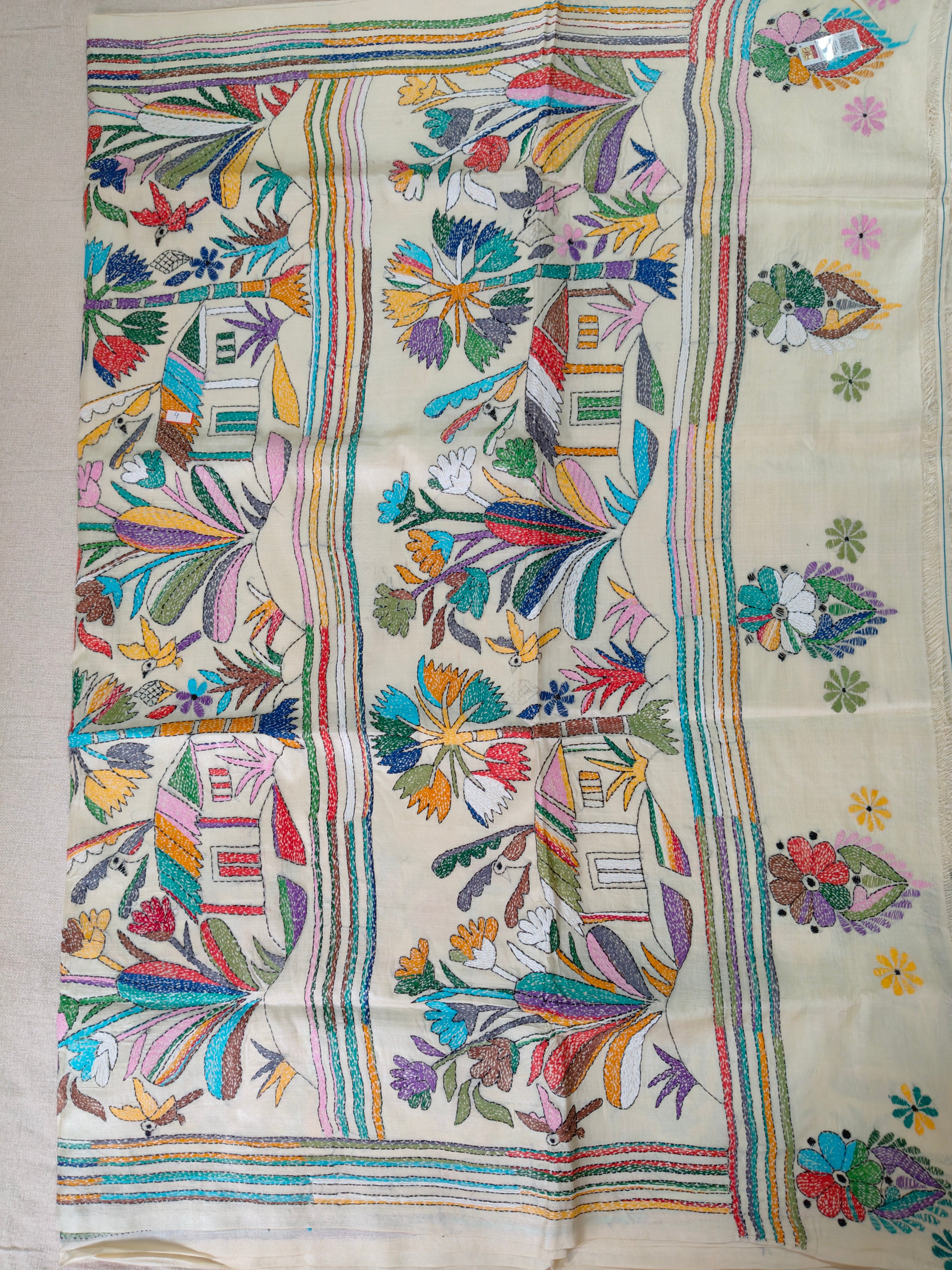 Pure Tussar Silk Saree with All-Over Hand Kantha Embroidery – Gram Bangla Collection