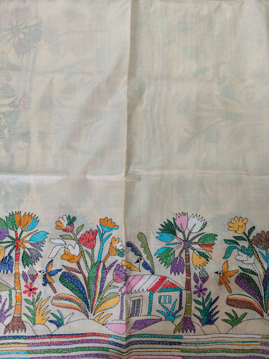 Pure Tussar Silk Saree with All-Over Hand Kantha Embroidery – Gram Bangla Collection