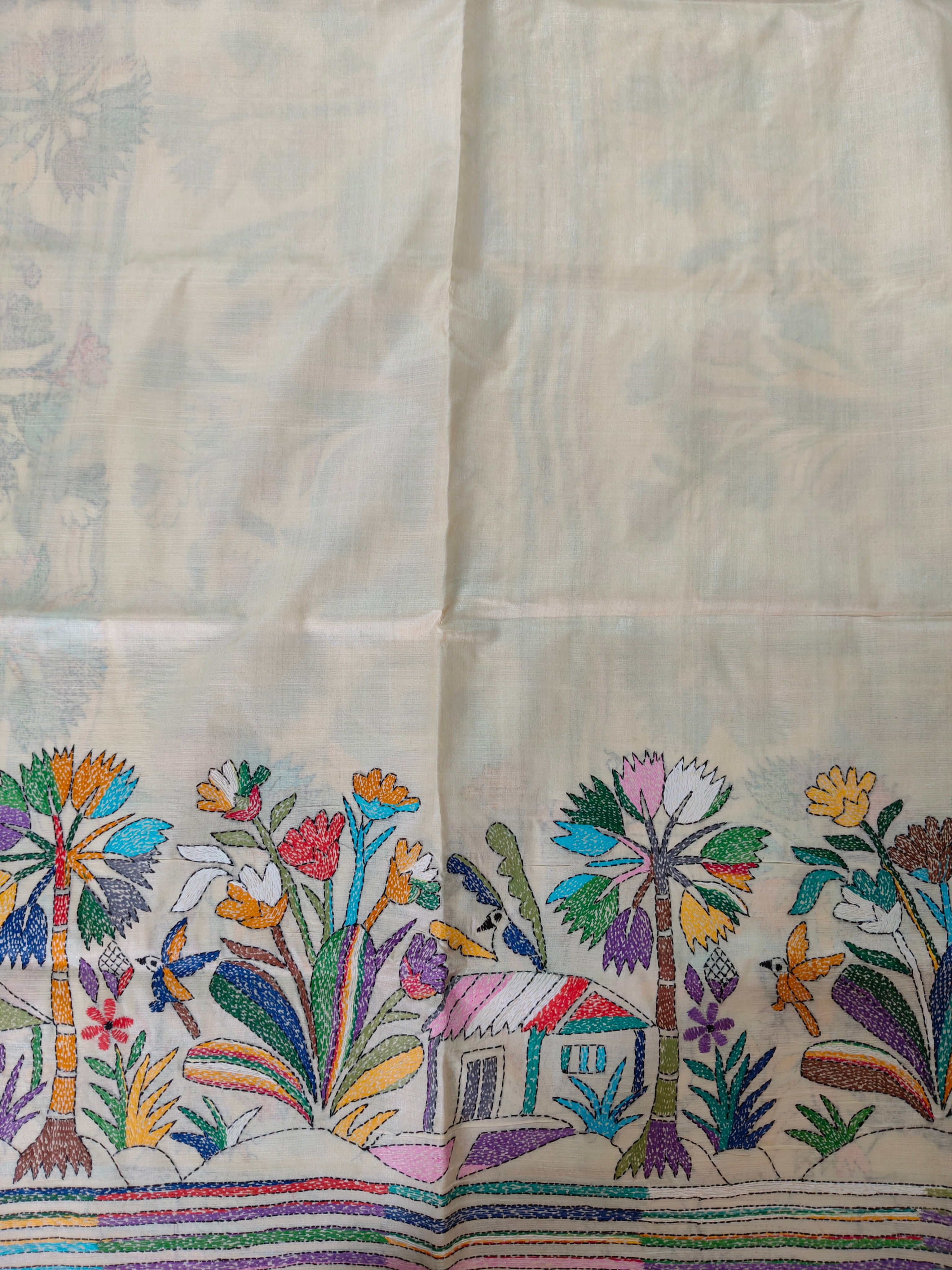 Pure Tussar Silk Saree with All-Over Hand Kantha Embroidery – Gram Bangla Collection