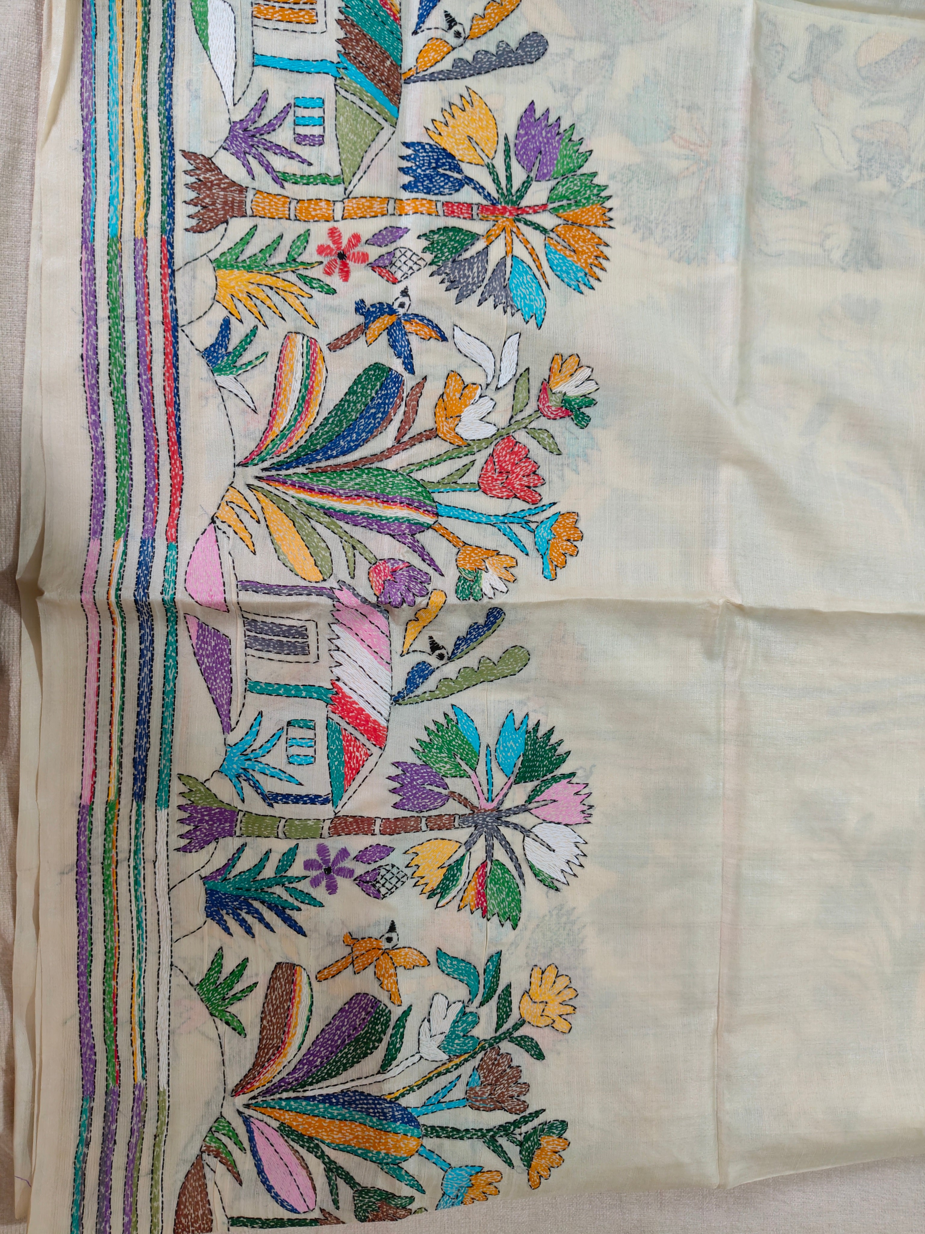 Pure Tussar Silk Saree with All-Over Hand Kantha Embroidery – Gram Bangla Collection
