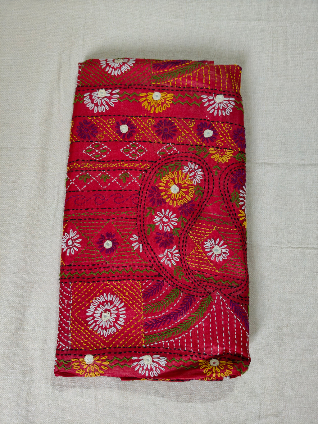 Pure Gachi by Gachi Tussar Silk Saree with Authentic Lambani Hand Embroidery - Ivory, Teal Blue &amp; Charcoal Ombre with Crimson Red Border
