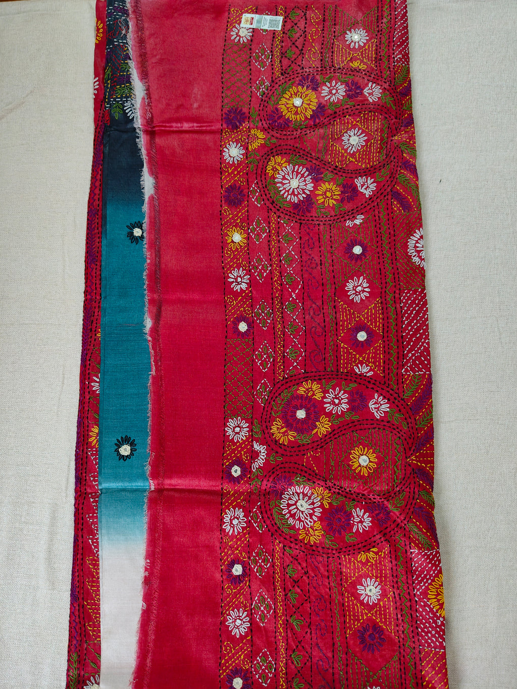 Pure Gachi by Gachi Tussar Silk Saree with Authentic Lambani Hand Embroidery - Ivory, Teal Blue &amp; Charcoal Ombre with Crimson Red Border