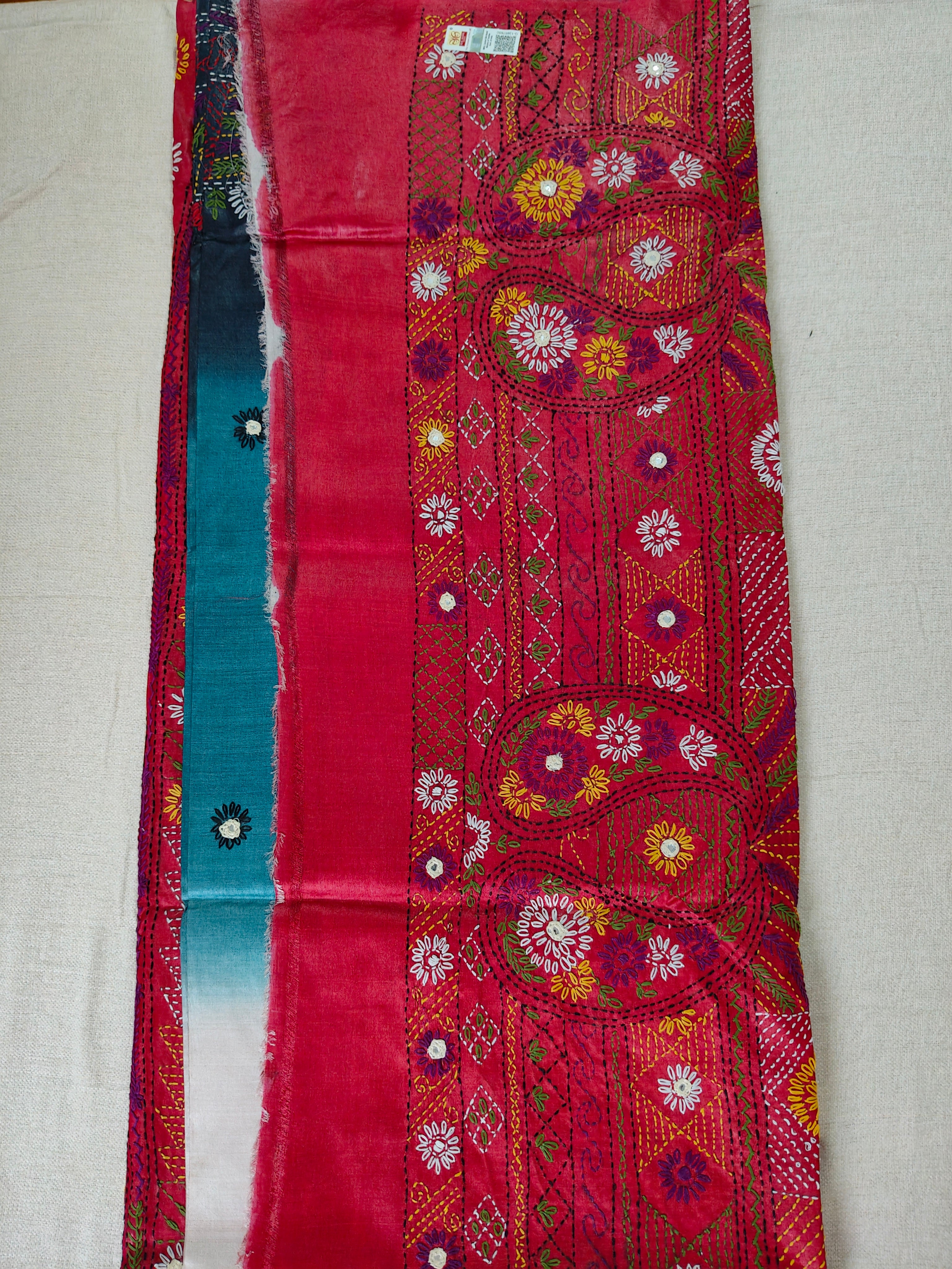 Pure Gachi by Gachi Tussar Silk Saree with Authentic Lambani Hand Embroidery - Ivory, Teal Blue &amp; Charcoal Ombre with Crimson Red Border