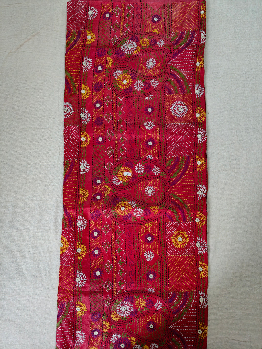 Pure Gachi by Gachi Tussar Silk Saree with Authentic Lambani Hand Embroidery - Ivory, Teal Blue &amp; Charcoal Ombre with Crimson Red Border