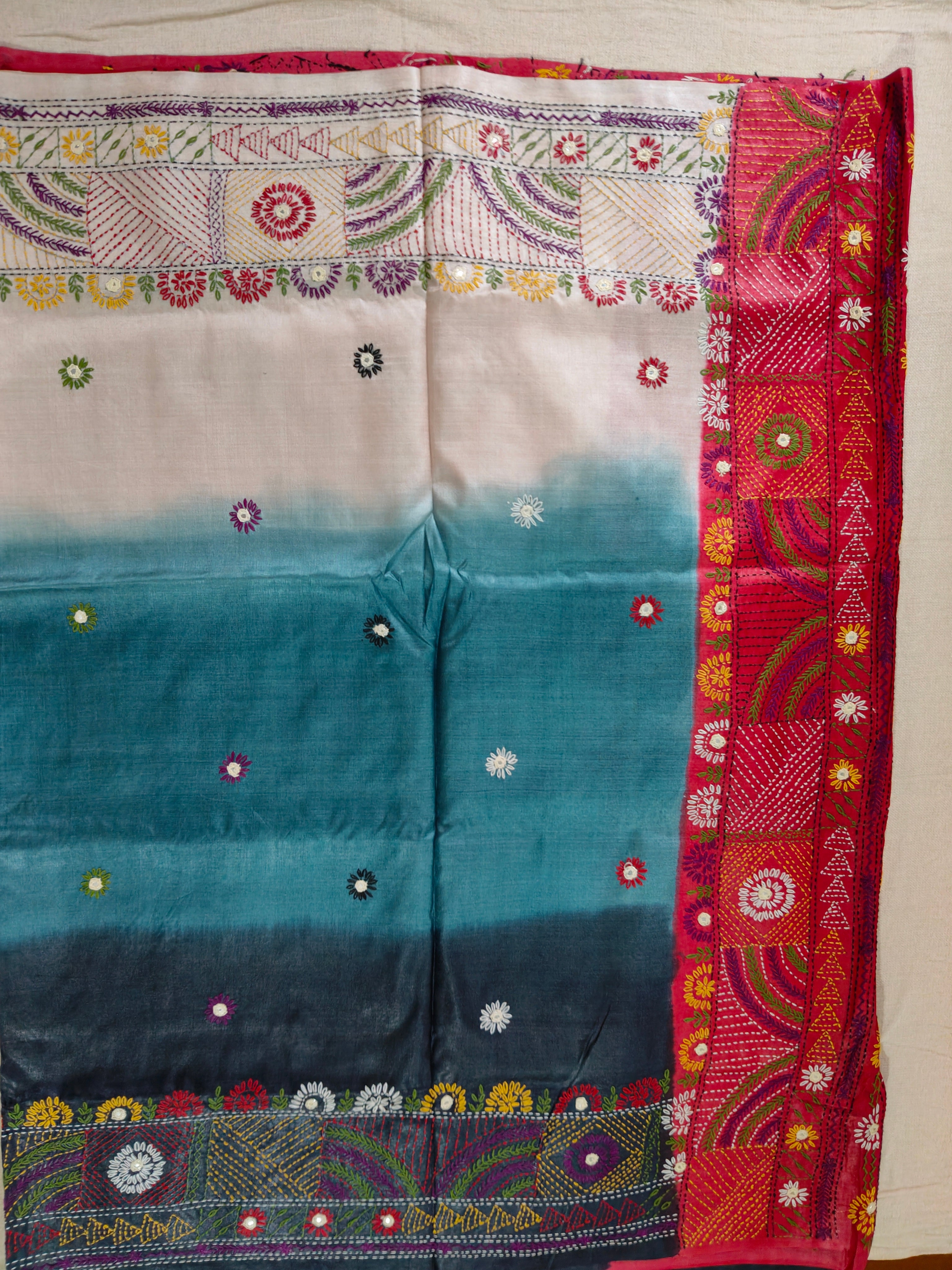 Pure Gachi by Gachi Tussar Silk Saree with Authentic Lambani Hand Embroidery - Ivory, Teal Blue &amp; Charcoal Ombre with Crimson Red Border