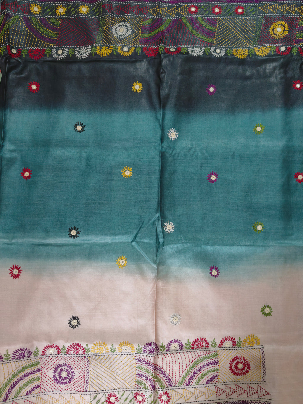 Pure Gachi by Gachi Tussar Silk Saree with Authentic Lambani Hand Embroidery - Ivory, Teal Blue &amp; Charcoal Ombre with Crimson Red Border