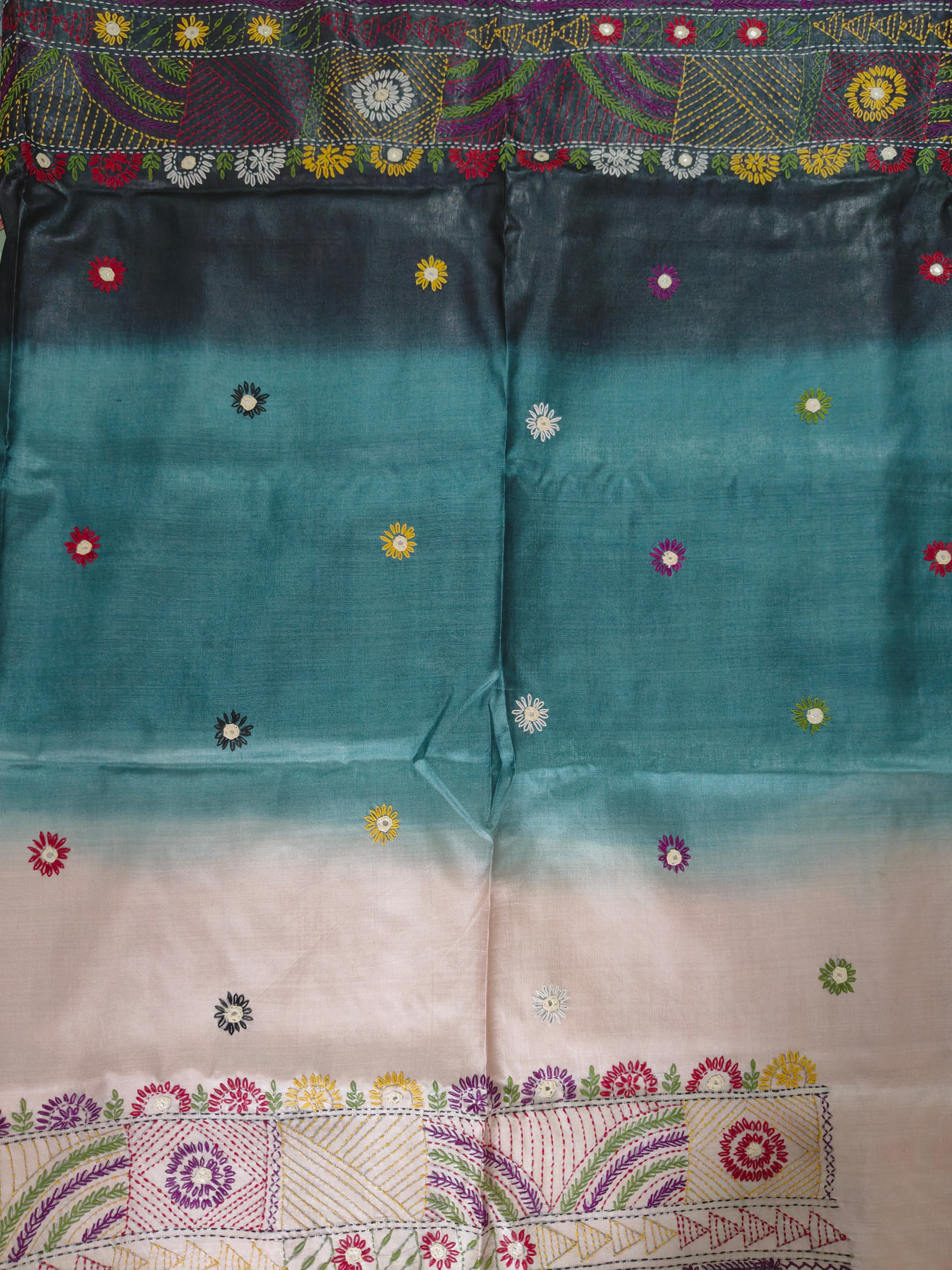 Pure Gachi by Gachi Tussar Silk Saree with Authentic Lambani Hand Embroidery - Ivory, Teal Blue &amp; Charcoal Ombre with Crimson Red Border