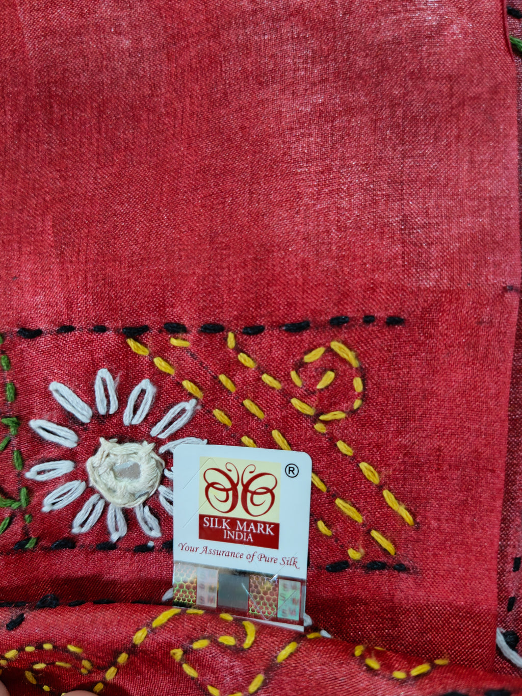 Pure Gachi by Gachi Tussar Silk Saree with Authentic Lambani Hand Embroidery - Ivory, Teal Blue &amp; Charcoal Ombre with Crimson Red Border