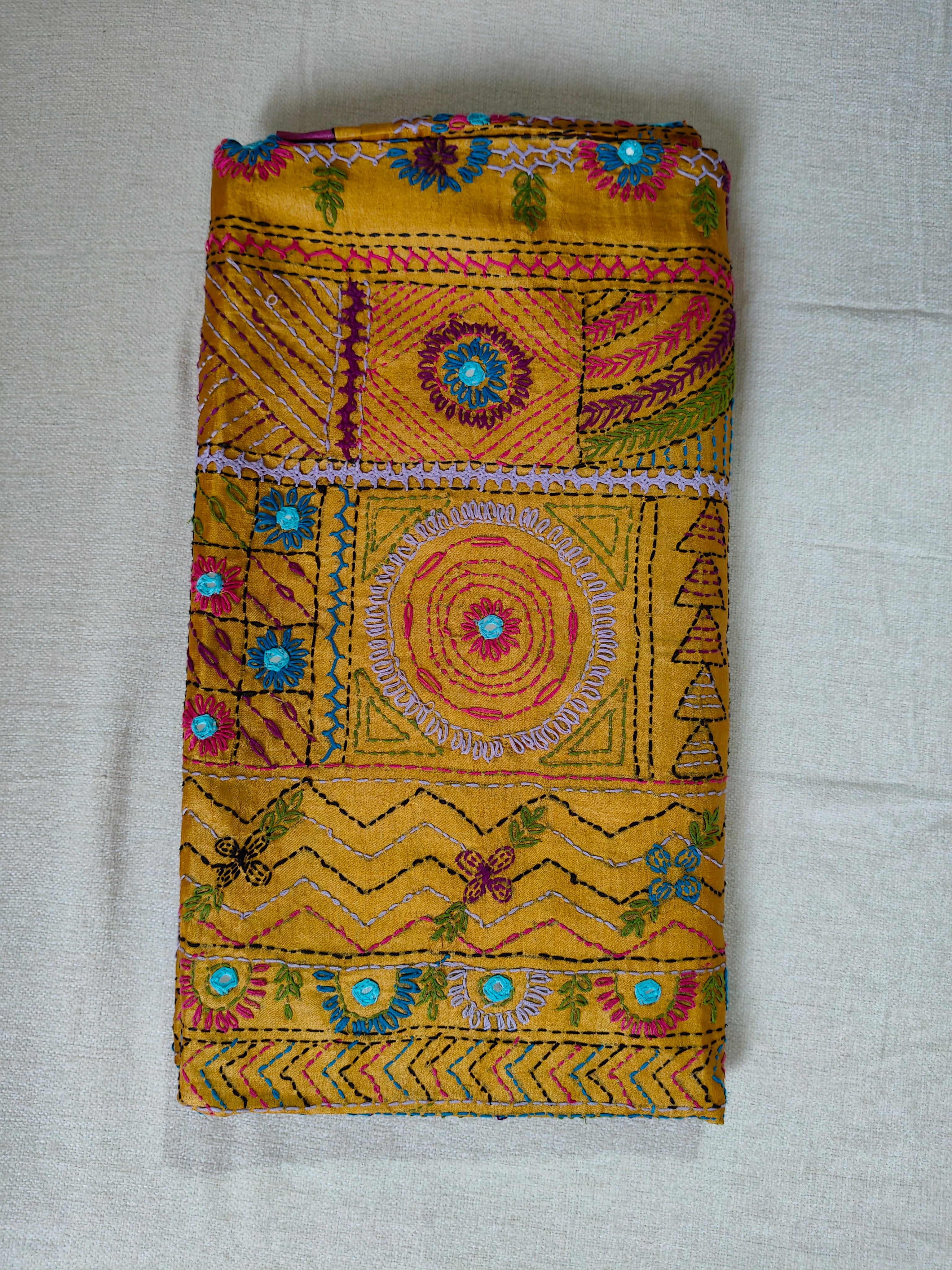 Pure Gachi by Gachi Tussar Silk Saree with Authentic Lambani Hand Embroidery - Royal Blue, Emerald Green, Mustard Yellow &amp; Magenta Multicolour Stripes