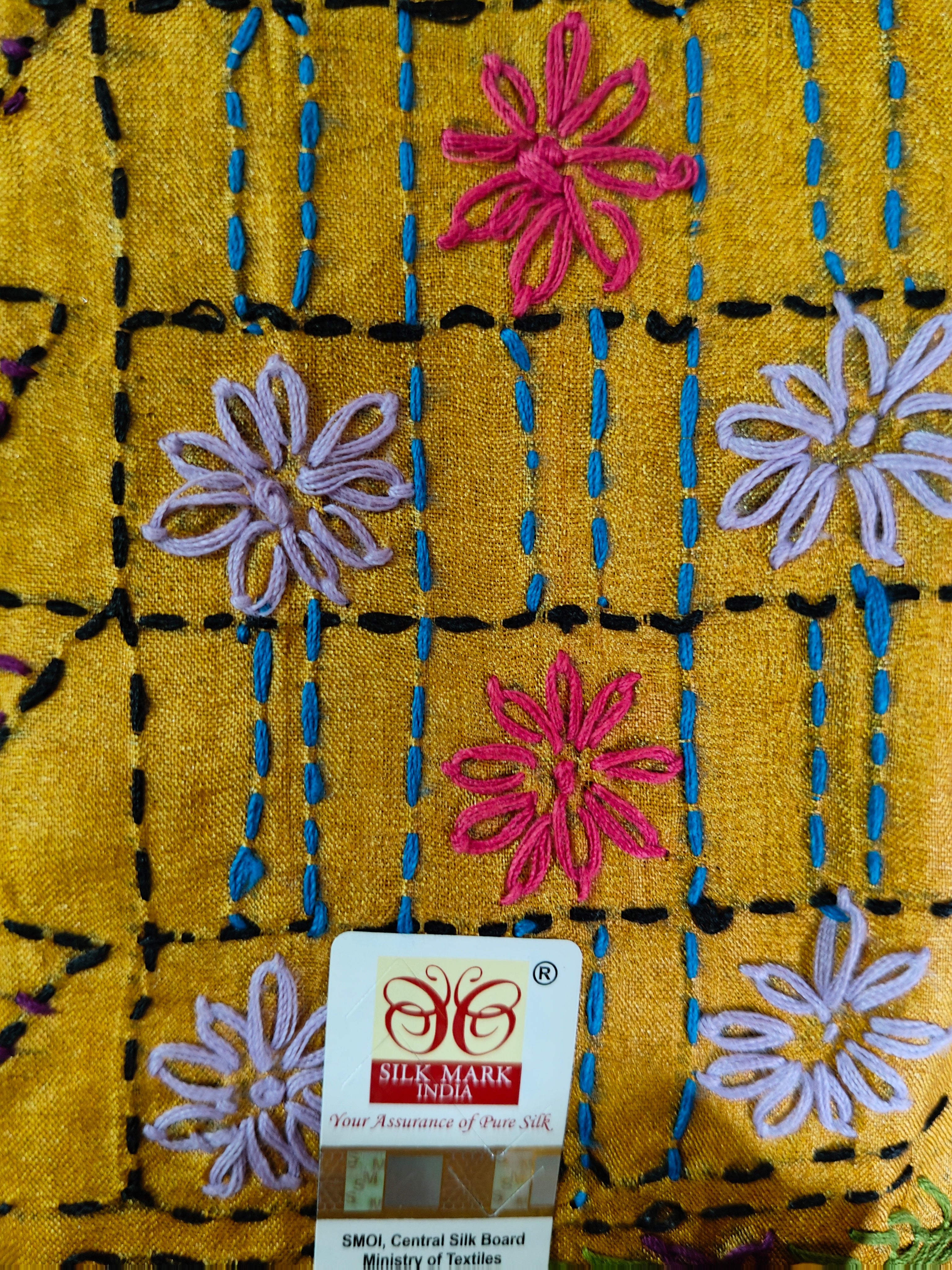 Pure Gachi by Gachi Tussar Silk Saree with Authentic Lambani Hand Embroidery - Royal Blue, Emerald Green, Mustard Yellow &amp; Magenta Multicolour Stripes