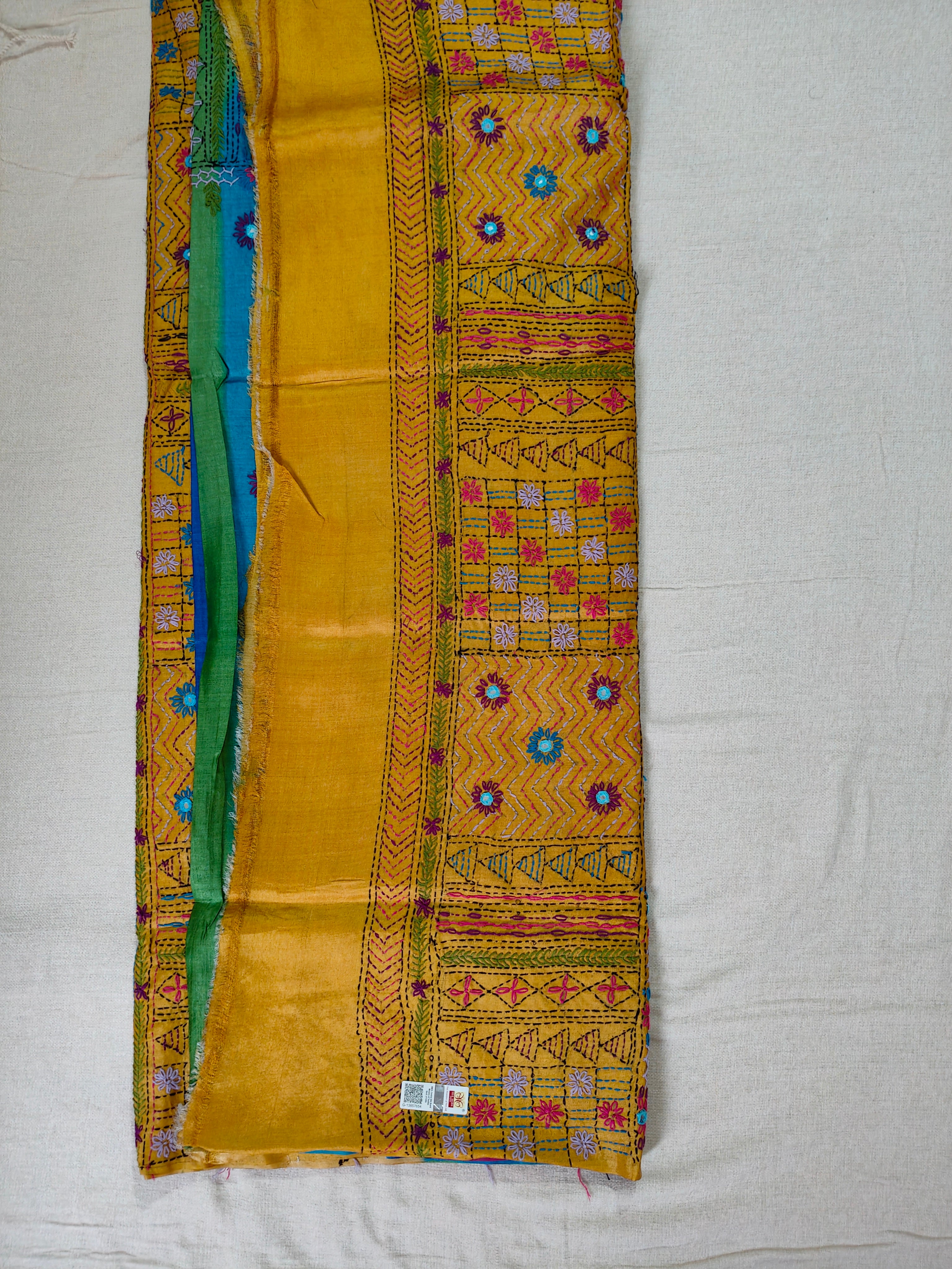 Pure Gachi by Gachi Tussar Silk Saree with Authentic Lambani Hand Embroidery - Royal Blue, Emerald Green, Mustard Yellow &amp; Magenta Multicolour Stripes