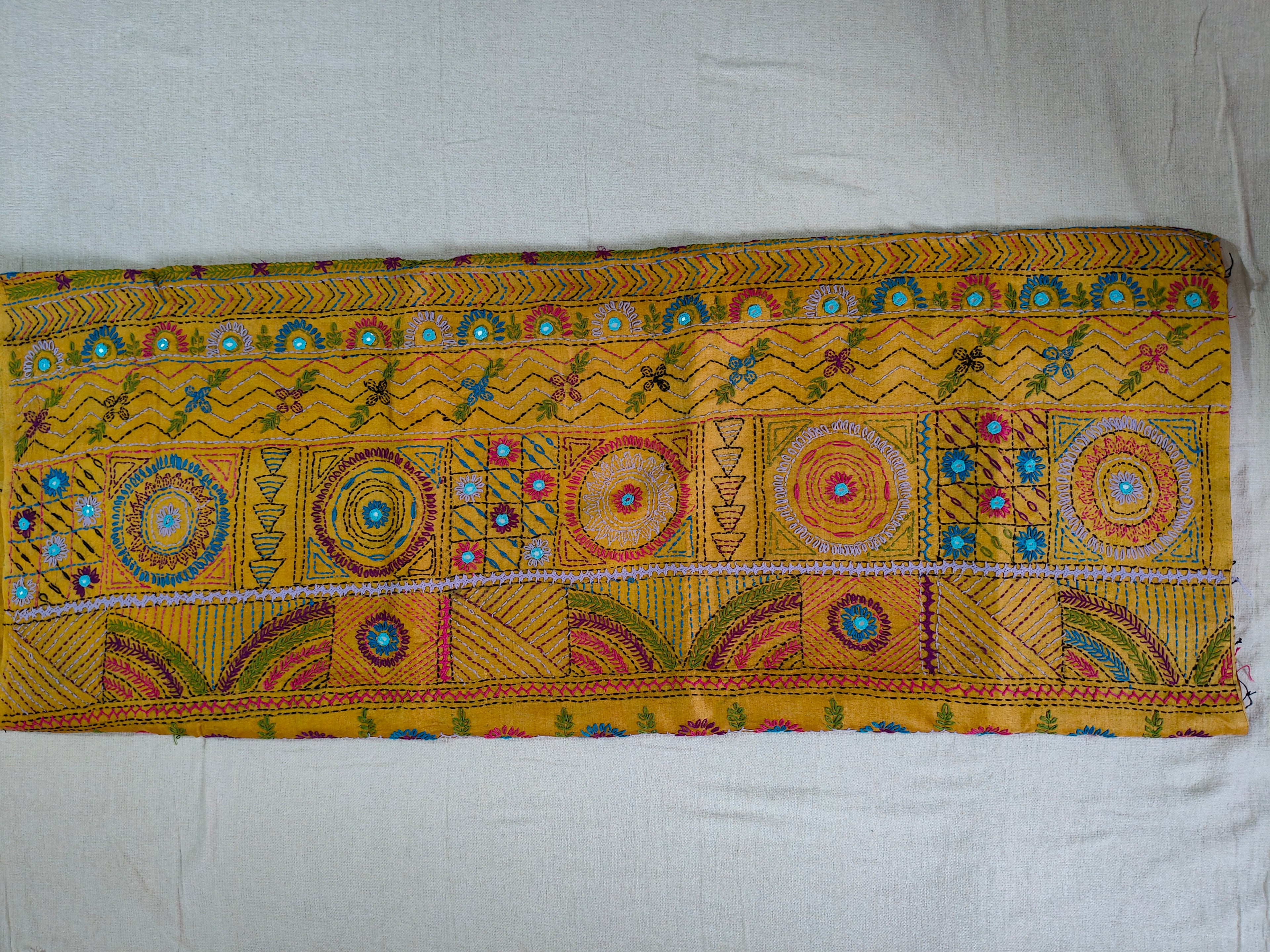 Pure Gachi by Gachi Tussar Silk Saree with Authentic Lambani Hand Embroidery - Royal Blue, Emerald Green, Mustard Yellow &amp; Magenta Multicolour Stripes