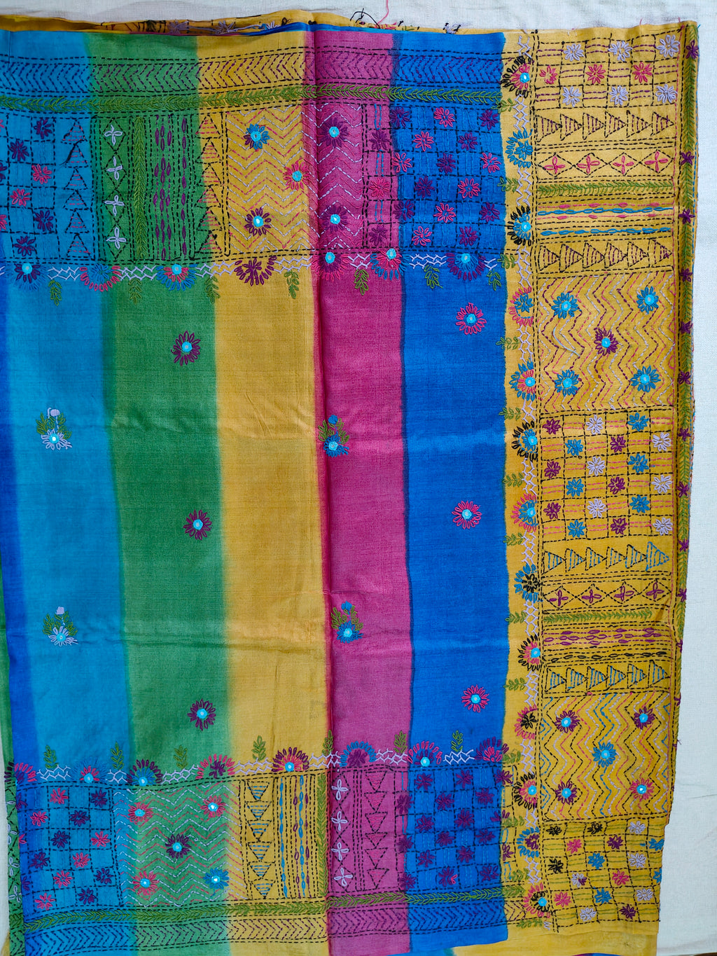 Pure Gachi by Gachi Tussar Silk Saree with Authentic Lambani Hand Embroidery - Royal Blue, Emerald Green, Mustard Yellow &amp; Magenta Multicolour Stripes