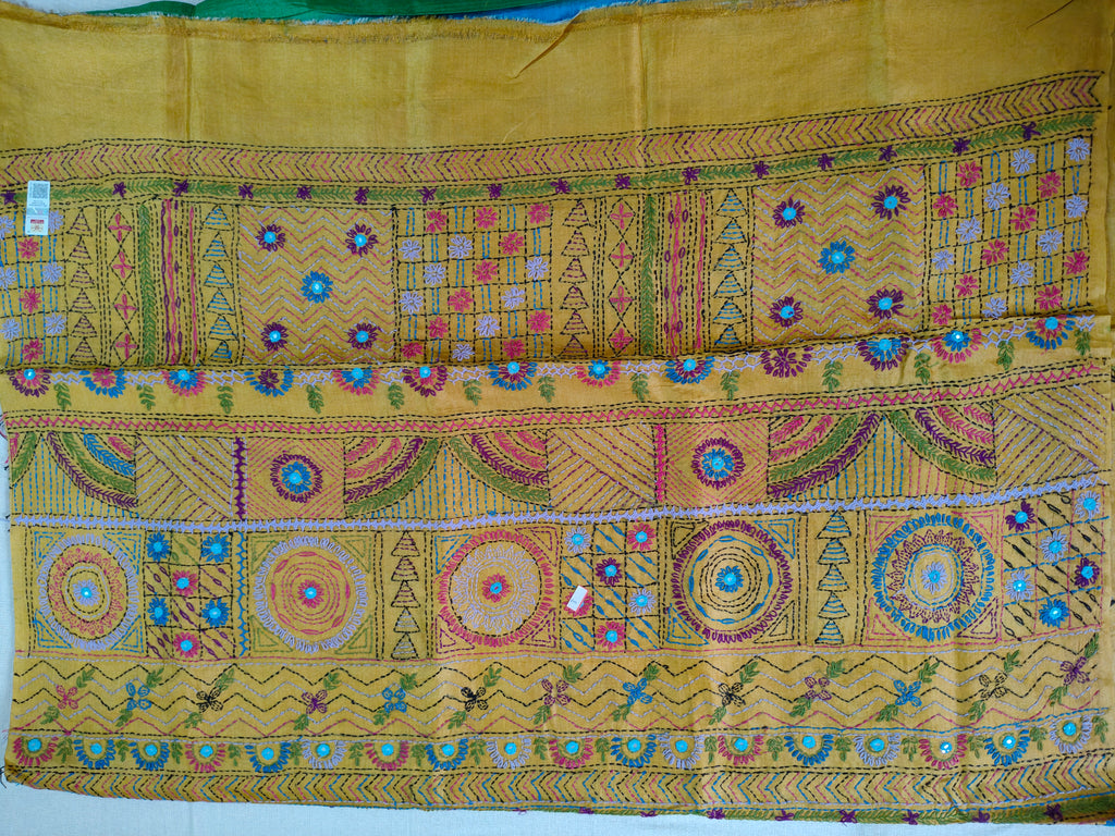 Pure Gachi by Gachi Tussar Silk Saree with Authentic Lambani Hand Embroidery - Royal Blue, Emerald Green, Mustard Yellow &amp; Magenta Multicolour Stripes