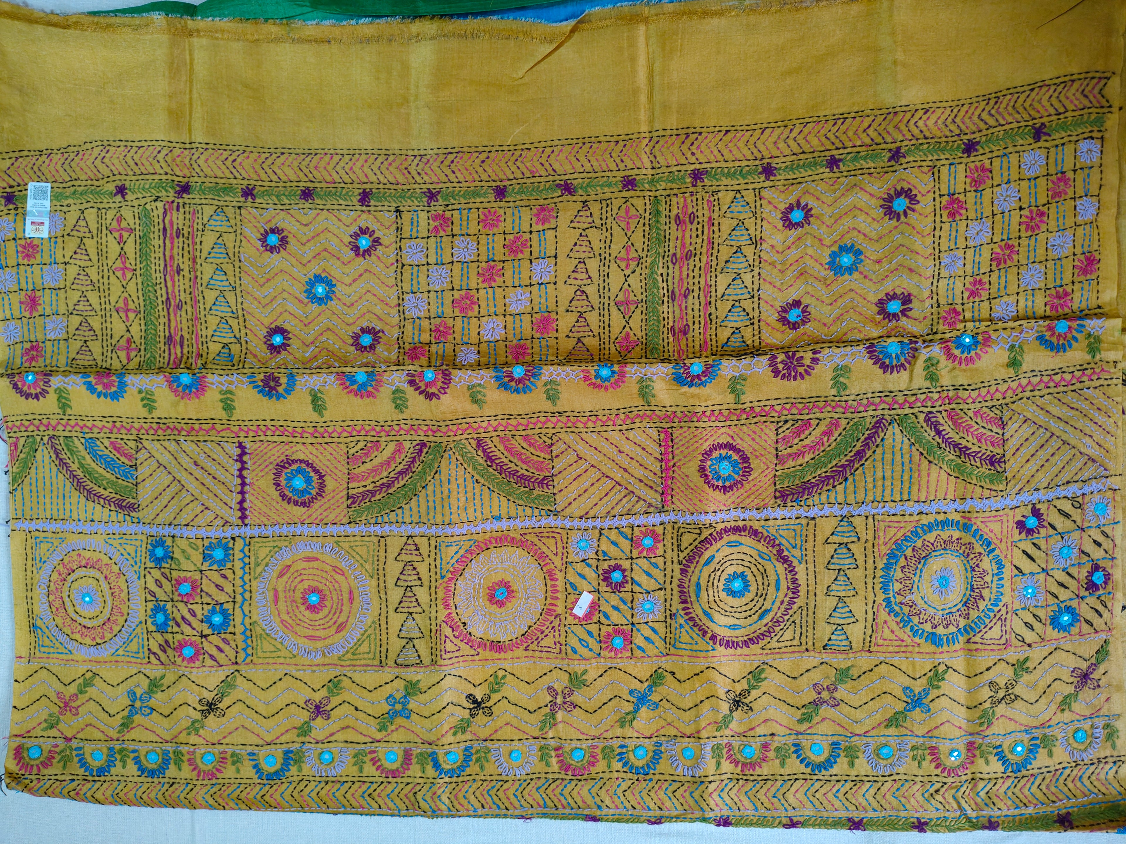 Pure Gachi by Gachi Tussar Silk Saree with Authentic Lambani Hand Embroidery - Royal Blue, Emerald Green, Mustard Yellow &amp; Magenta Multicolour Stripes