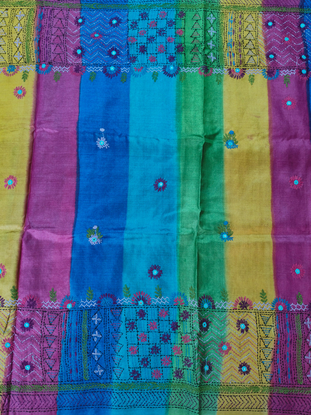 Pure Gachi by Gachi Tussar Silk Saree with Authentic Lambani Hand Embroidery - Royal Blue, Emerald Green, Mustard Yellow &amp; Magenta Multicolour Stripes