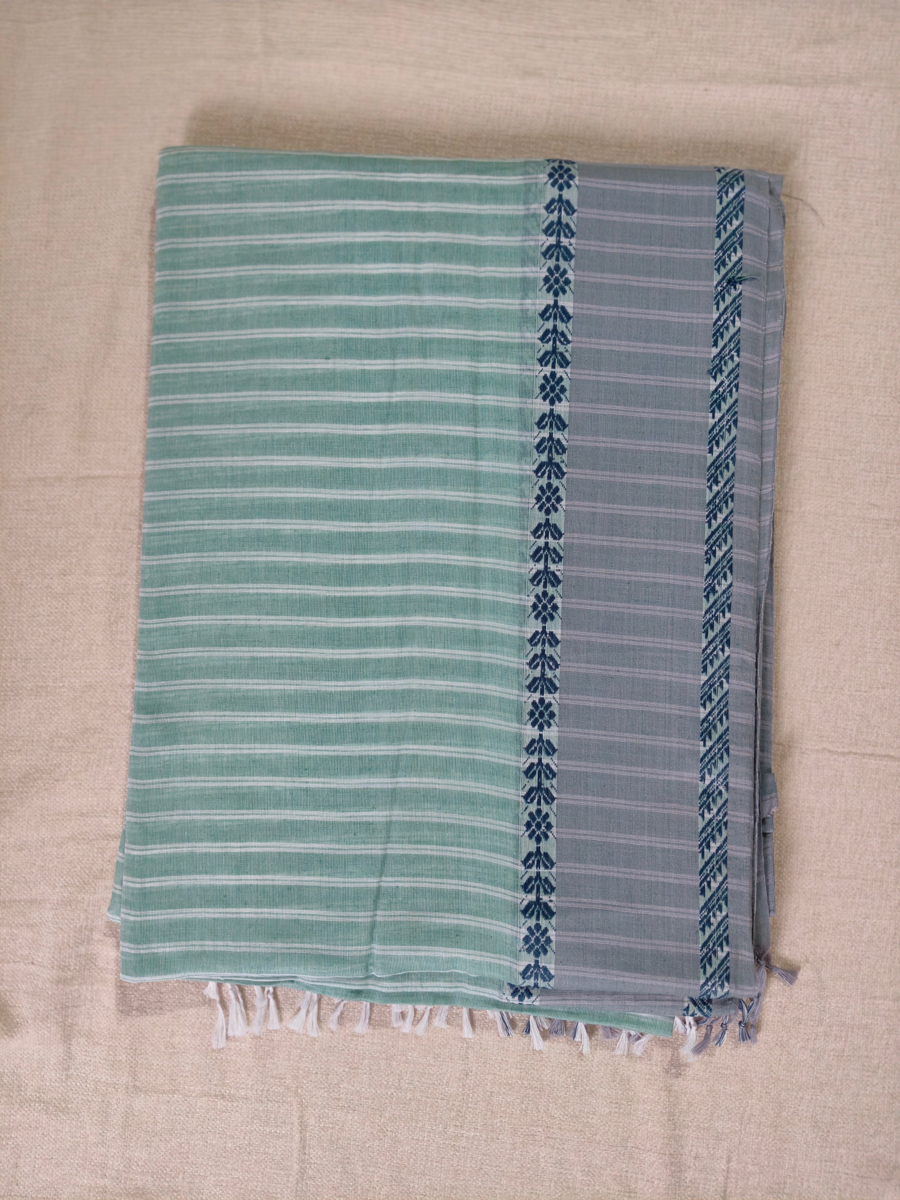 Cotton Striped Khadi Saree - Mint Green