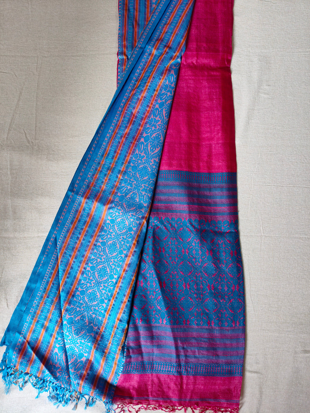 Tussar Silk Saree (Skirt Border) Rani Pink body