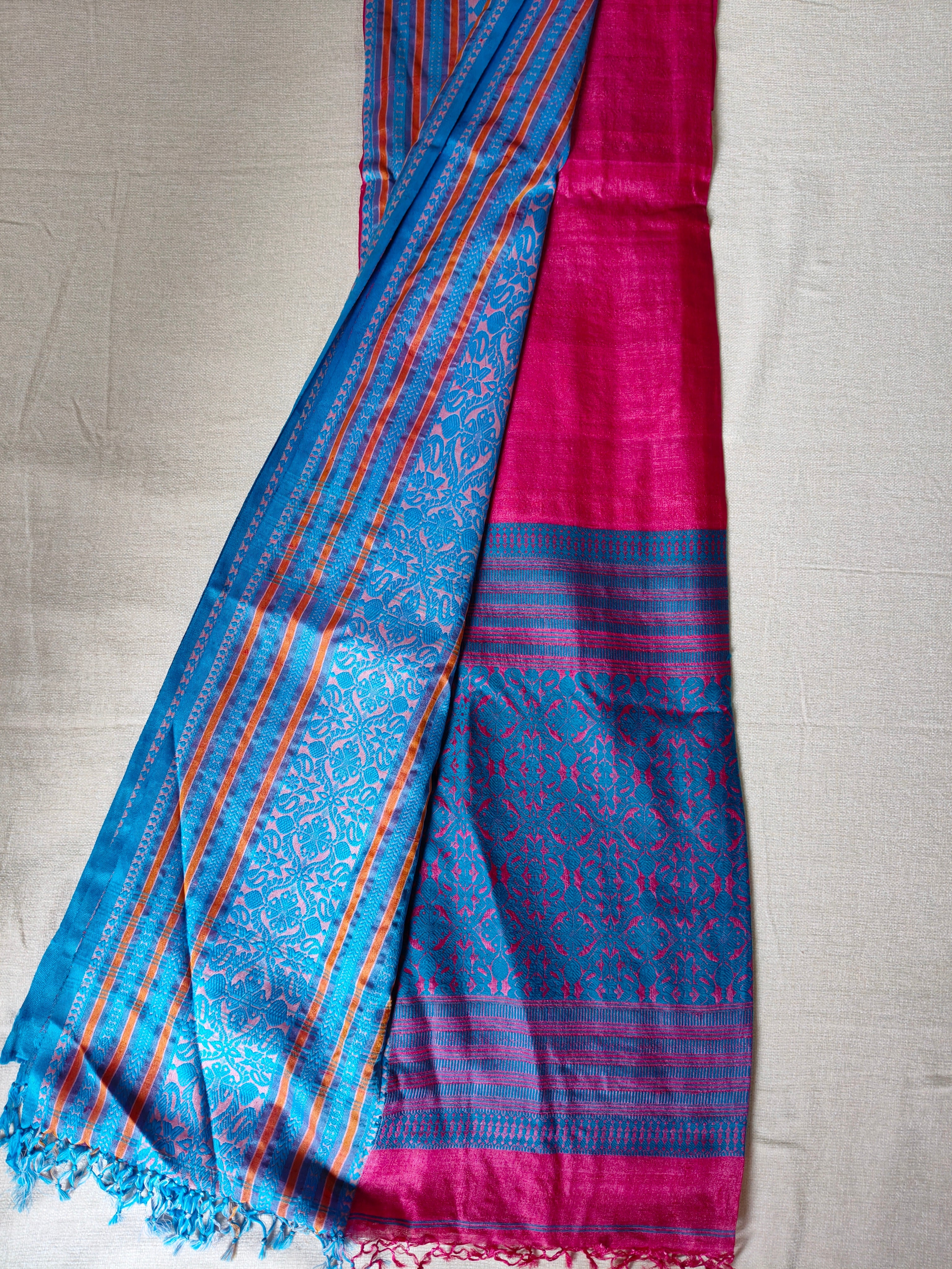 Tussar Silk Saree (Skirt Border) Rani Pink body