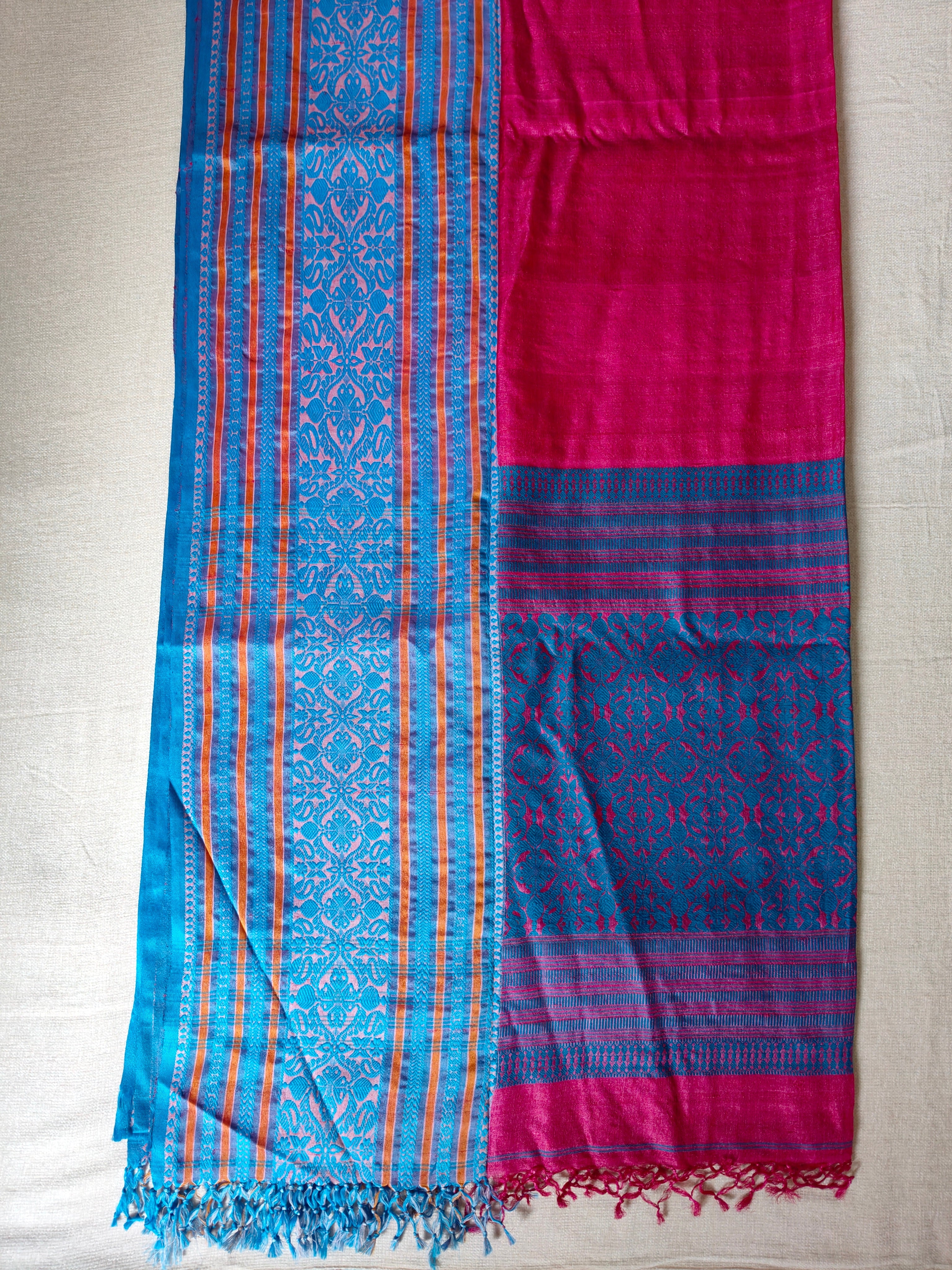 Tussar Silk Saree (Skirt Border) Rani Pink body