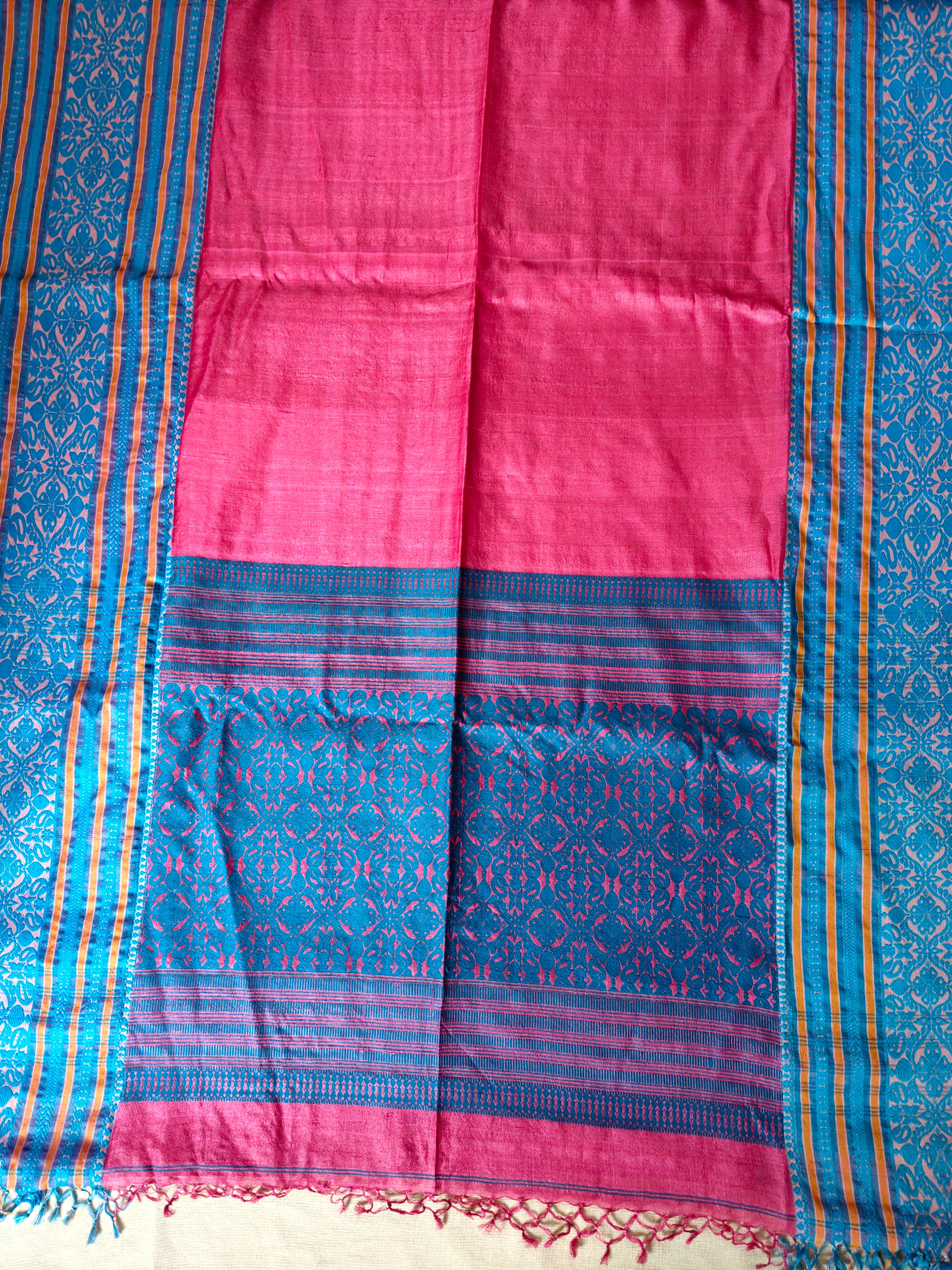 Tussar Silk Saree (Skirt Border) Rani Pink body