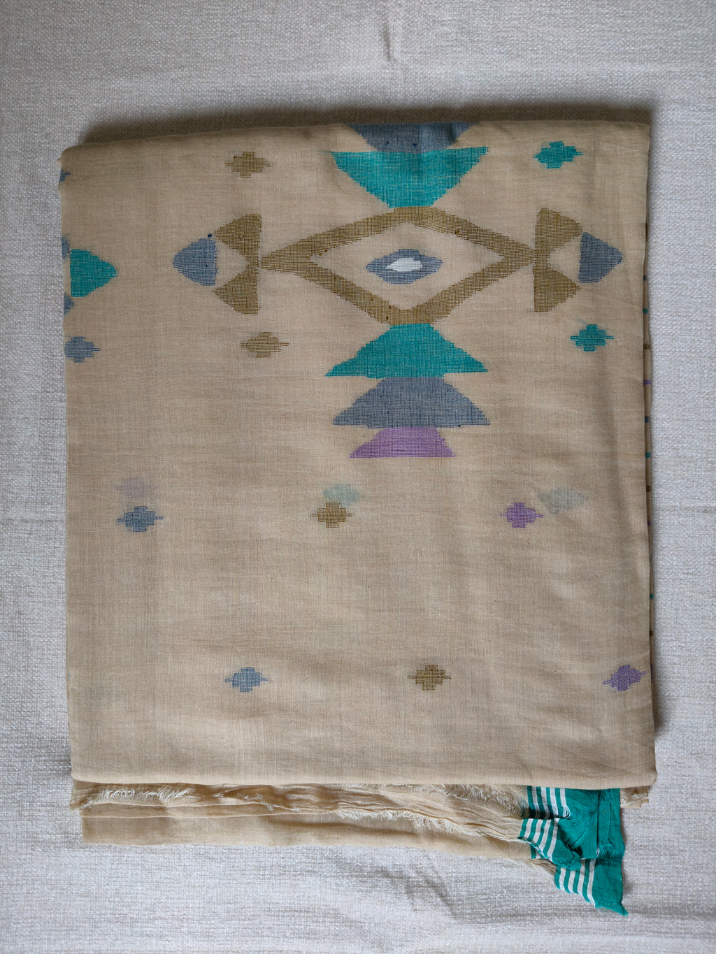 Cotton Jamdani Saree - Natural Beige with Teal Border