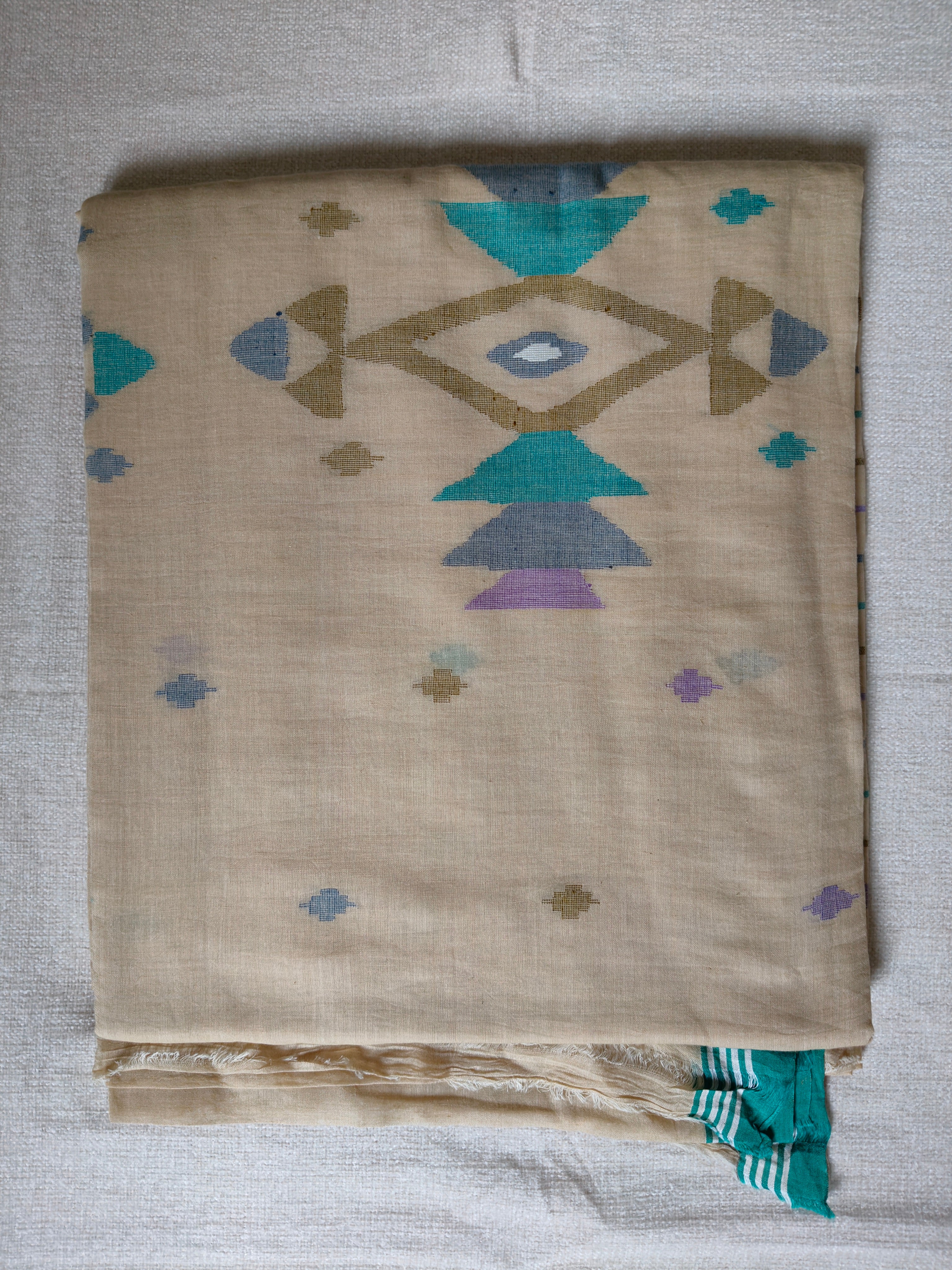 Cotton Jamdani Saree - Natural Beige with Teal Border