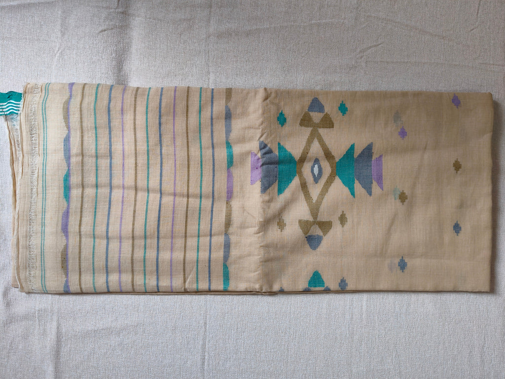 Cotton Jamdani Saree - Natural Beige with Teal Border