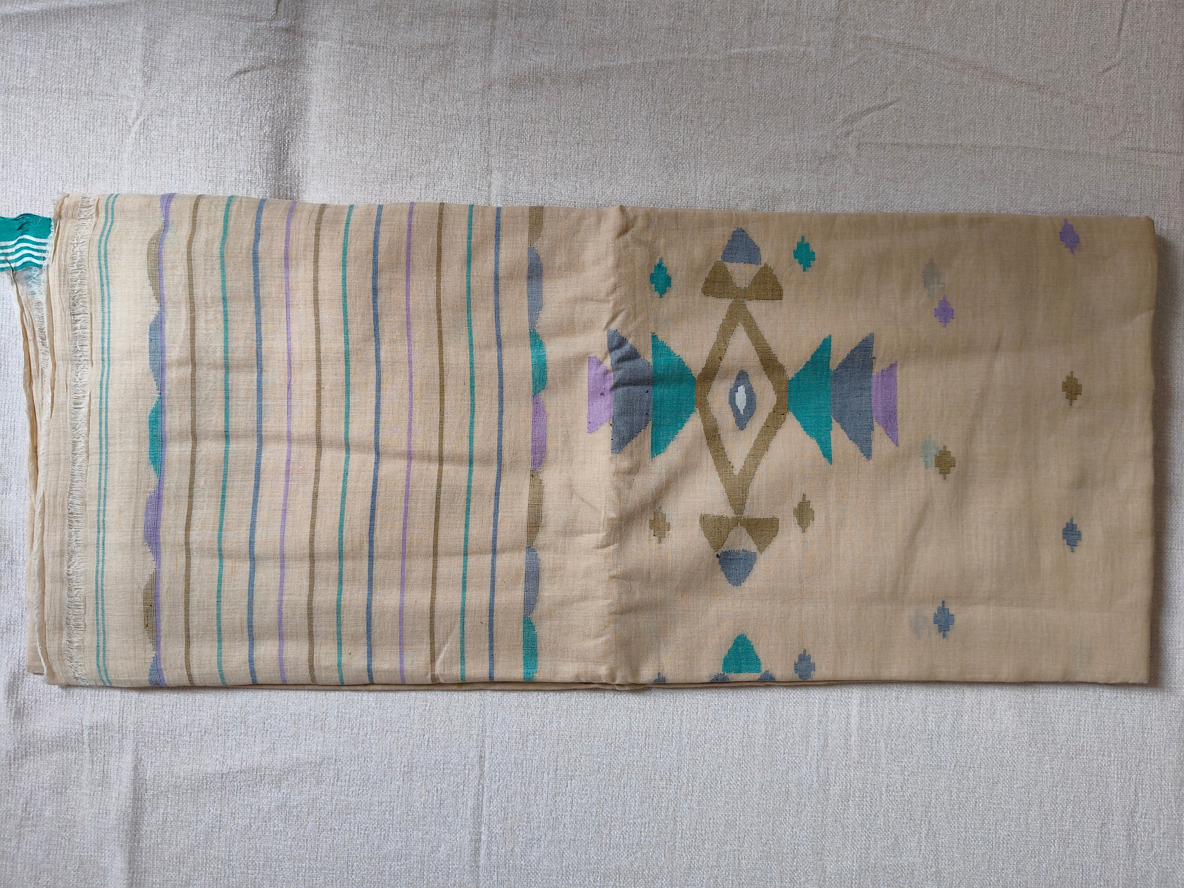 Cotton Jamdani Saree - Natural Beige with Teal Border