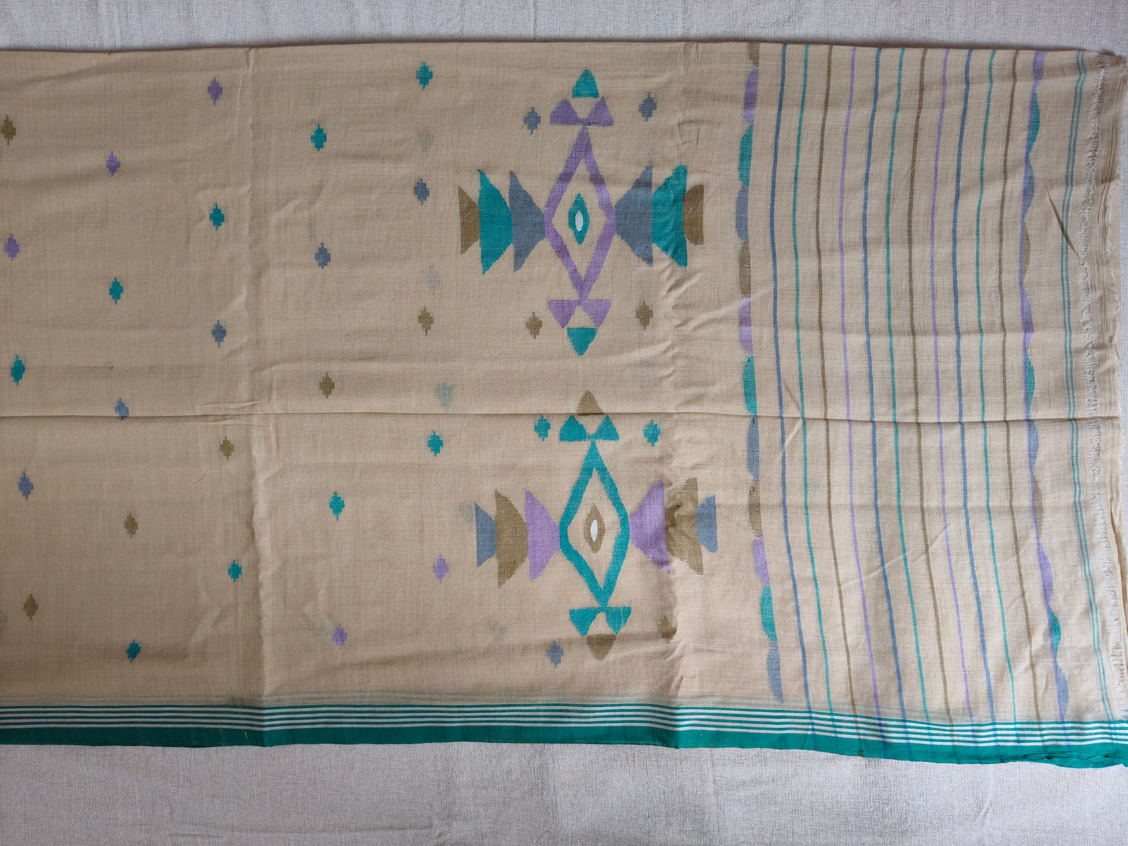 Cotton Jamdani Saree - Natural Beige with Teal Border