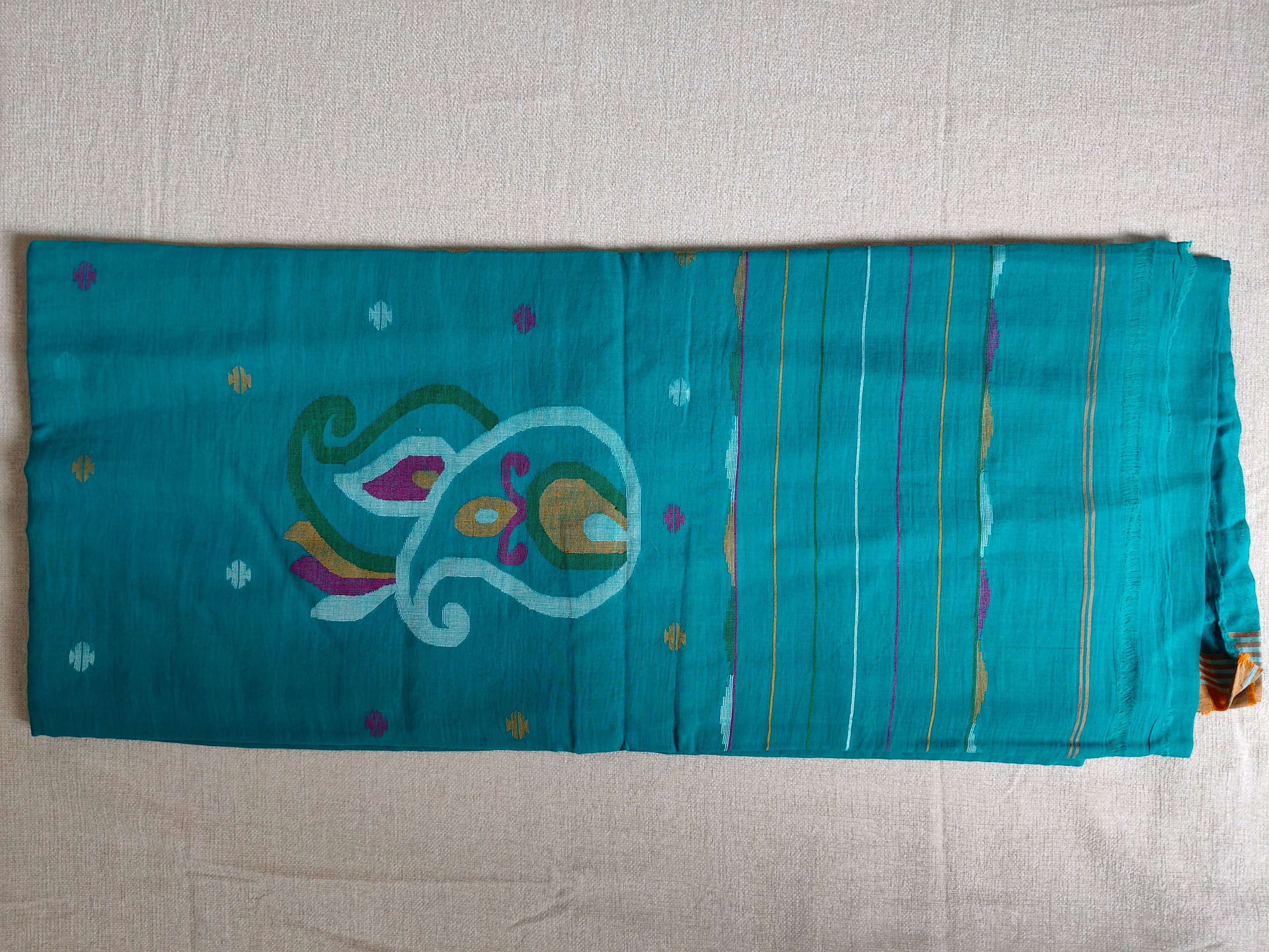 Cotton Jamdani Saree - Turquoise Blue