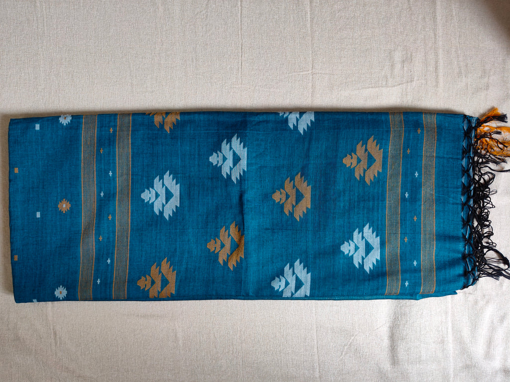 Cotton Khadi Saree - Teal Blue