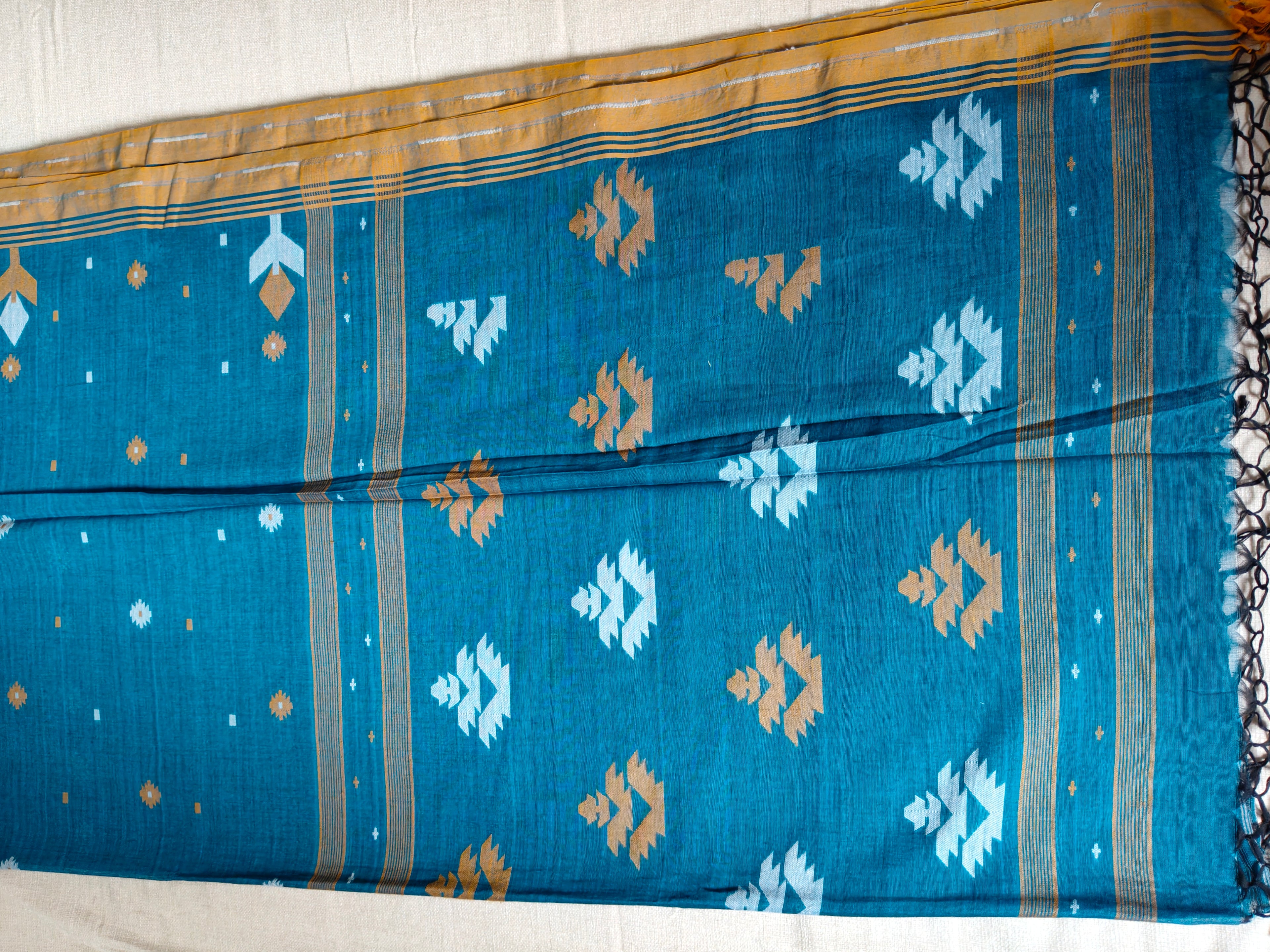Cotton Khadi Saree - Teal Blue