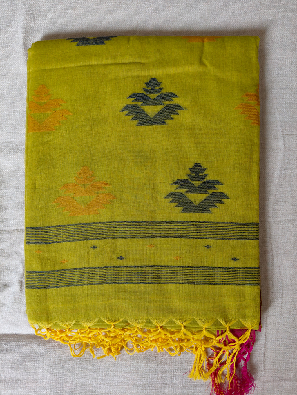 Cotton Khadi Saree - Lime Green with Magenta Pink Border
