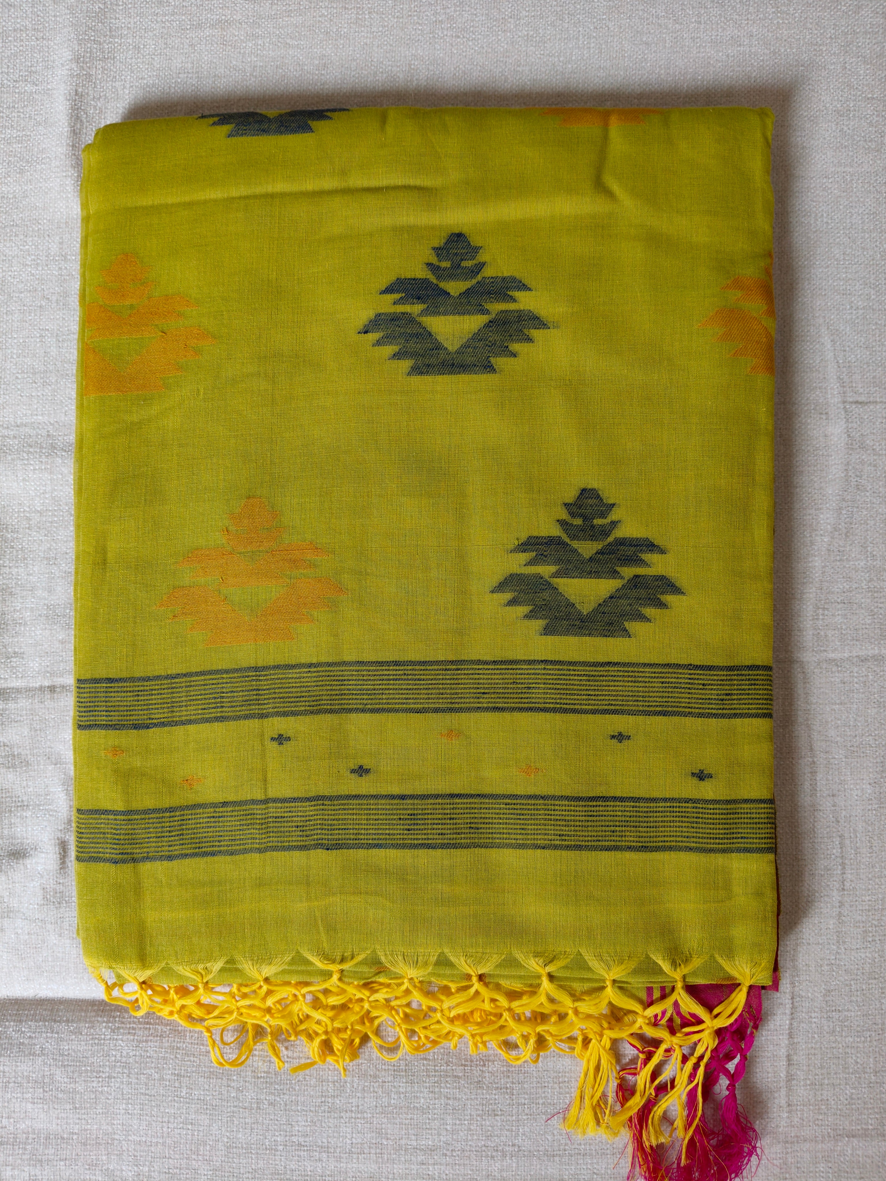 Cotton Khadi Saree - Lime Green with Magenta Pink Border