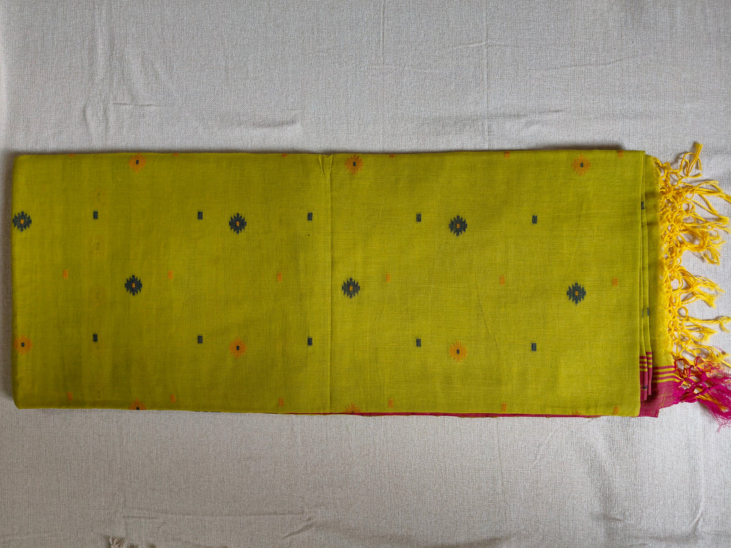 Cotton Khadi Saree - Lime Green with Magenta Pink Border