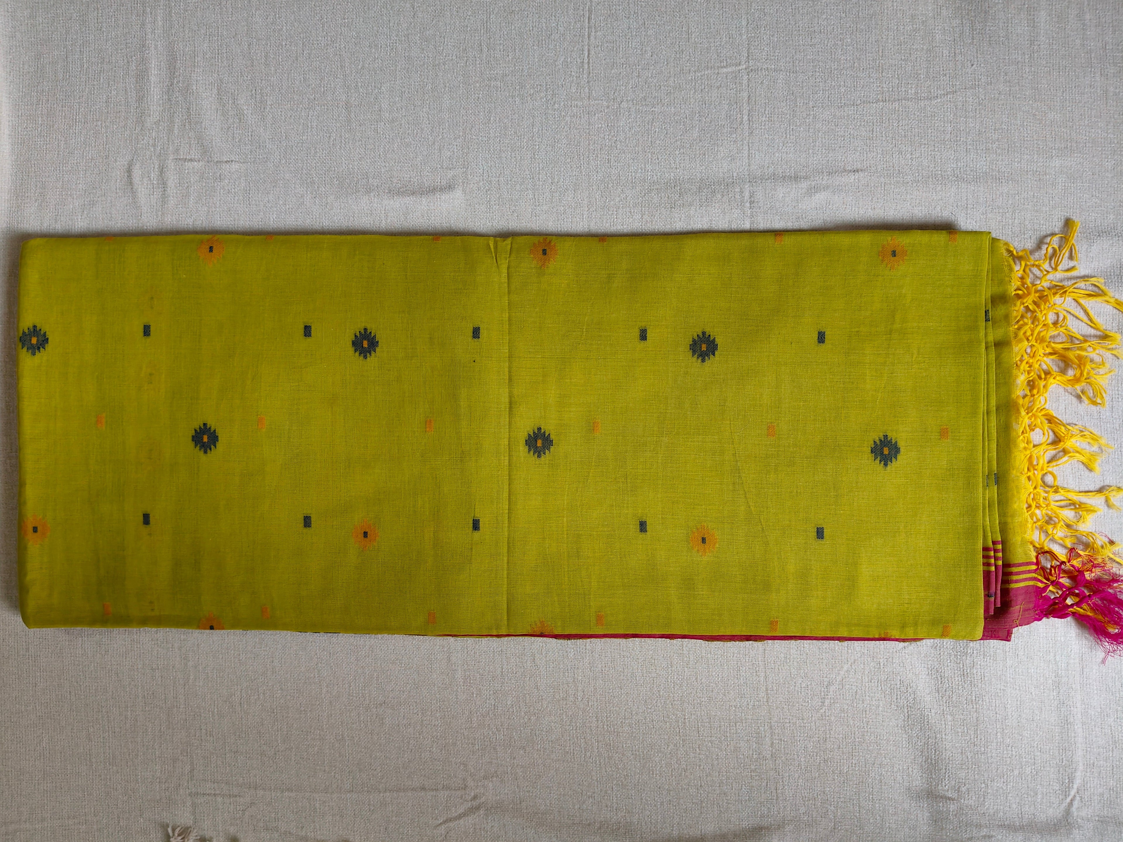 Cotton Khadi Saree - Lime Green with Magenta Pink Border