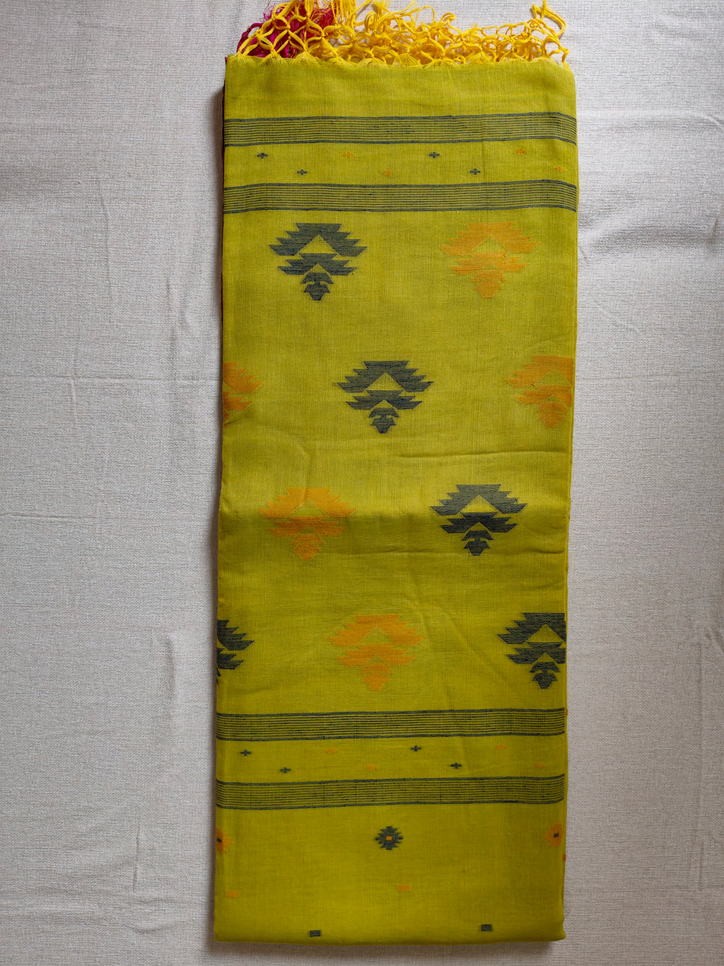 Cotton Khadi Saree - Lime Green with Magenta Pink Border