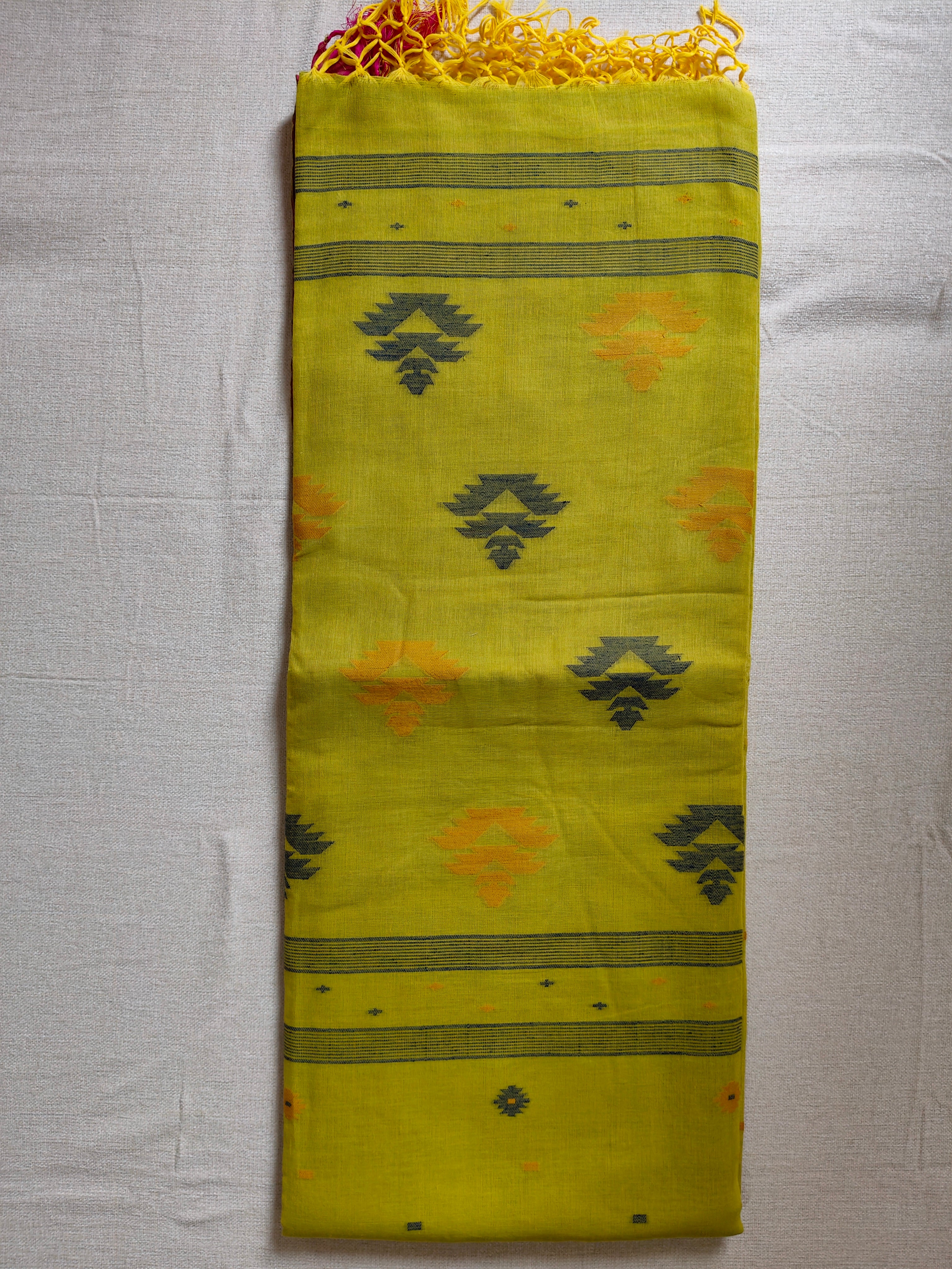Cotton Khadi Saree - Lime Green with Magenta Pink Border