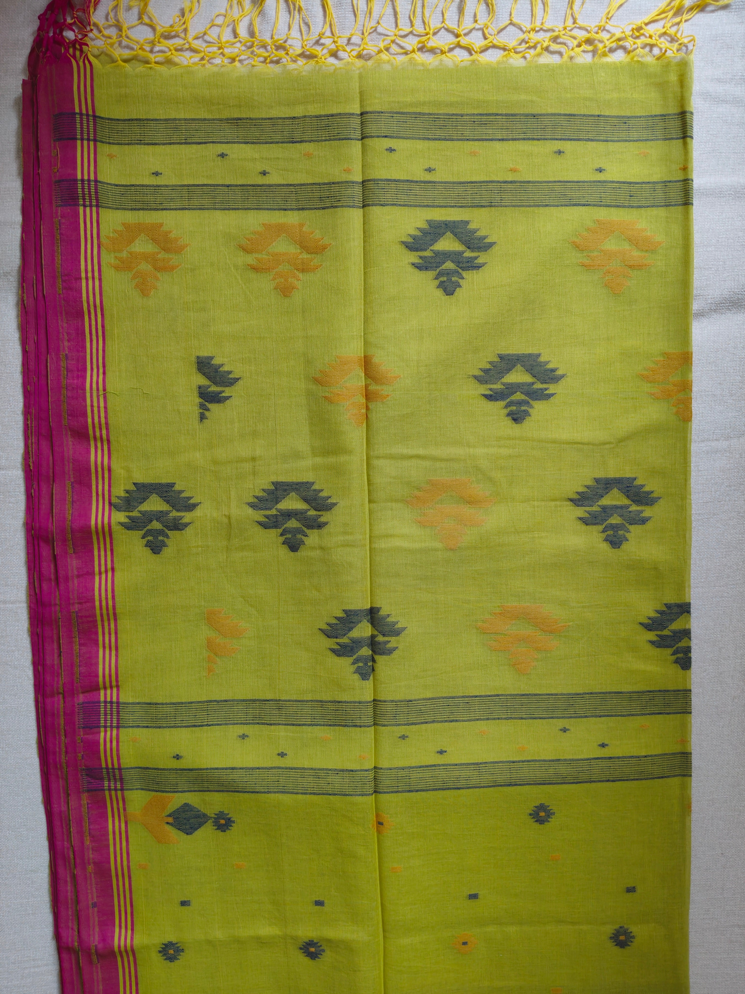 Cotton Khadi Saree - Lime Green with Magenta Pink Border