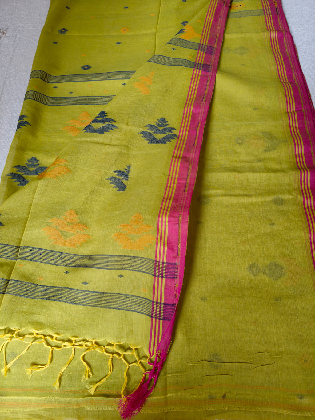 Cotton Khadi Saree - Lime Green with Magenta Pink Border