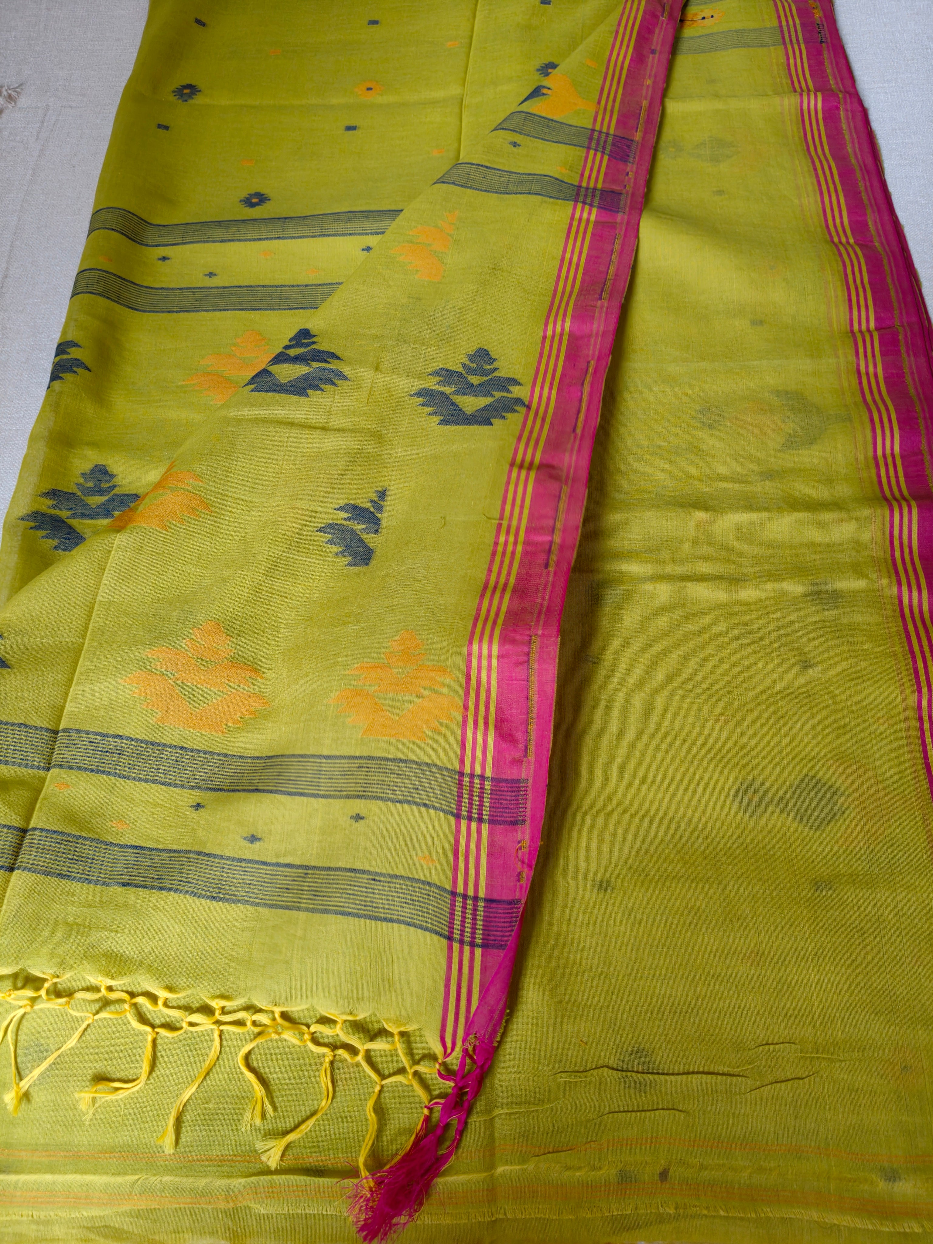 Cotton Khadi Saree - Lime Green with Magenta Pink Border